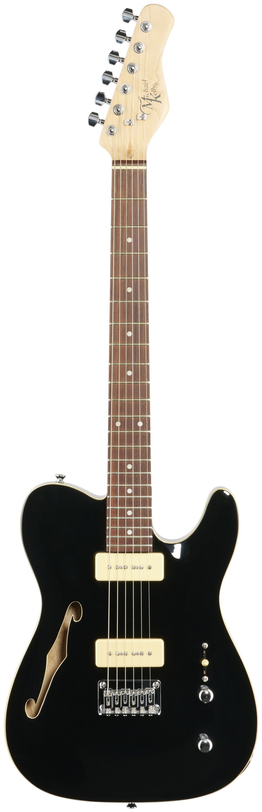 Michael Kelly 59 Thinline Electric Guitar, Natural Top, Gloss Black, Full Straight Front