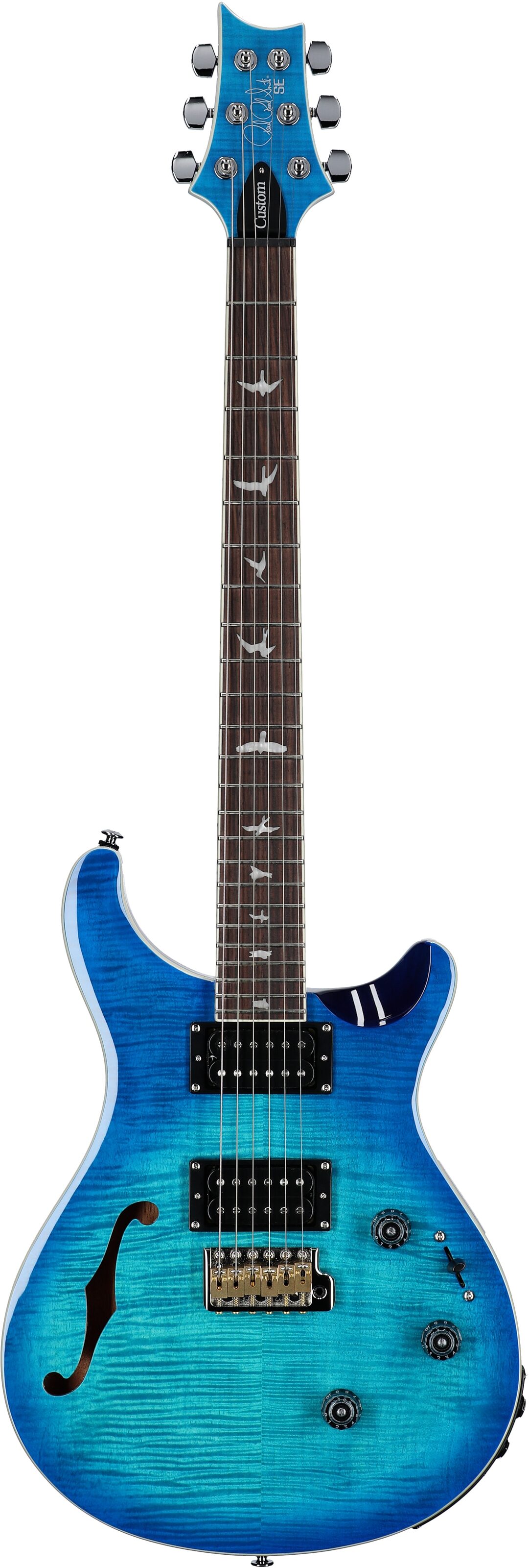 PRS Paul Reed Smith SE Custom 24 Semi-Hollow Piezo Electric Guitar (with Gig Bag), Lake Blue, Full Straight Front