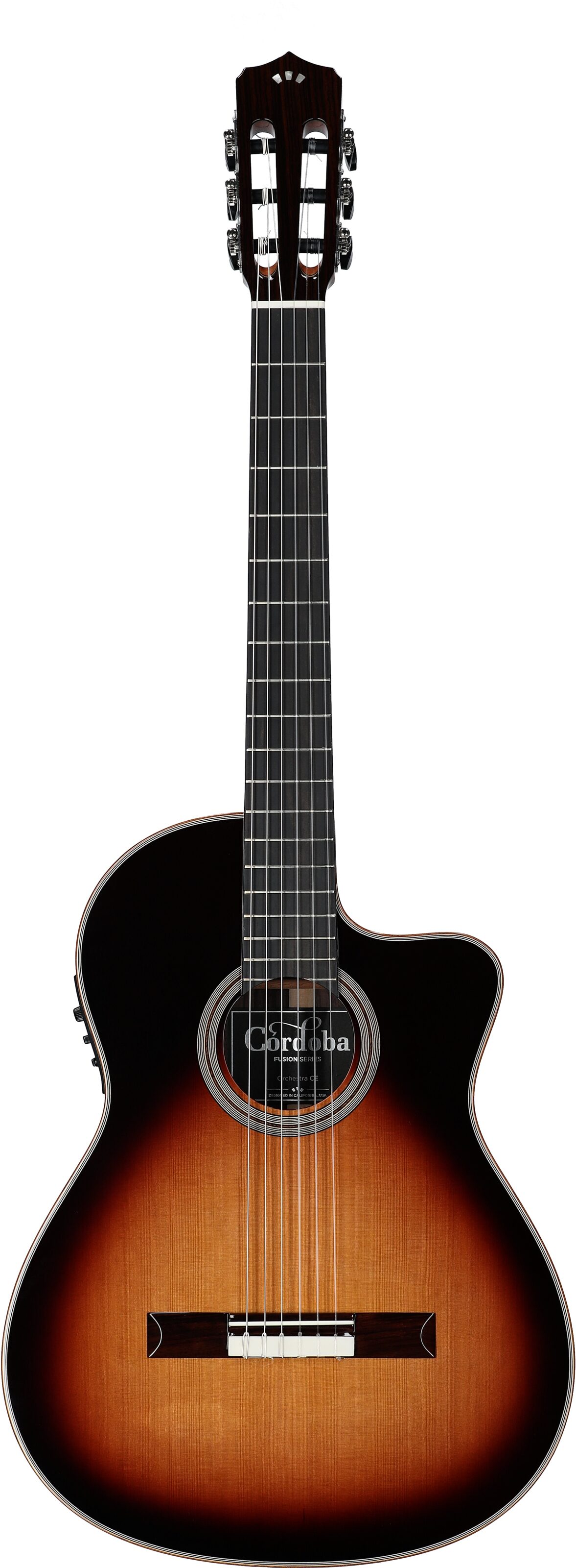 Cordoba Fusion Orchestra CE Classical Acoustic-Electric Guitar, Teardrop Burst, Full Straight Front