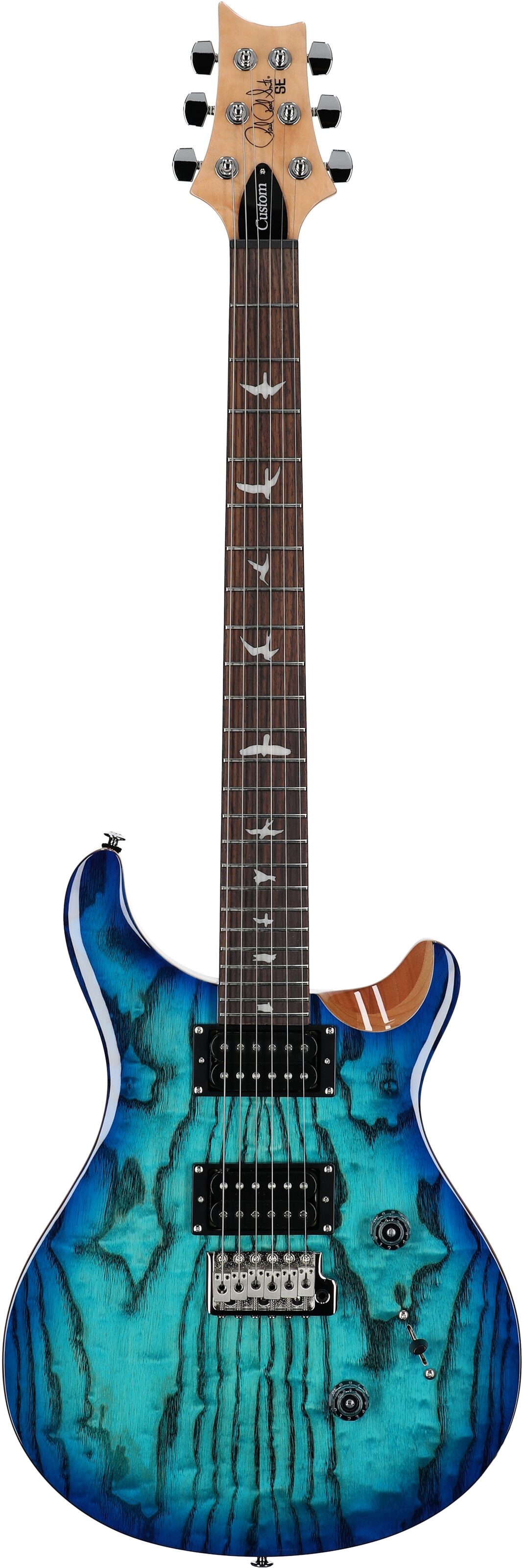PRS Paul Reed Smith SE Custom 24 Burled Ash Limited Edition Electric Guitar, Swamp Burl Lake Blue, Full Straight Front