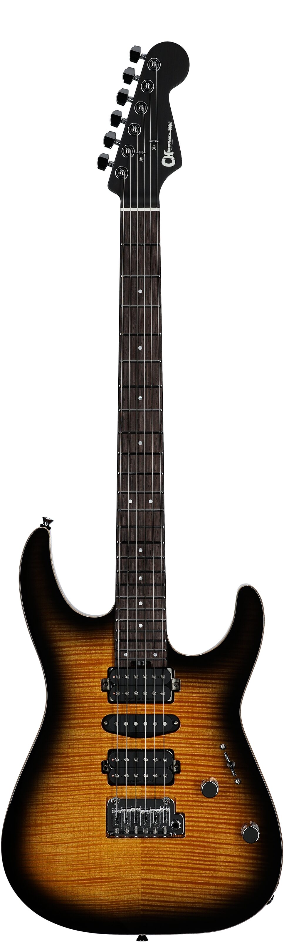 Charvel MJ DK24 HSH 2PT W Mahogany Electric Guitar (with Gig Bag), Flame Maple Antique Burst, Full Straight Front