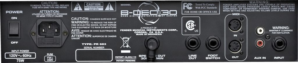 Fender B-DEC 30 Digital Entertainment Center Bass Combo Amplifier (30 Watts, 1x10 in.), Rear Panel