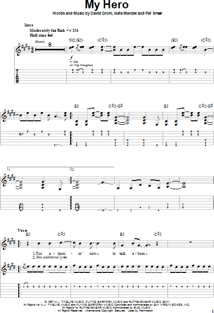 Foo Fighters My Hero Guitar Tab in E Major - Download & Print - SKU:  MN0082986