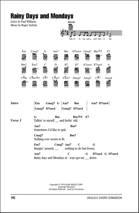 Rainy Days And Mondays - Ukulele Chords/Lyrics