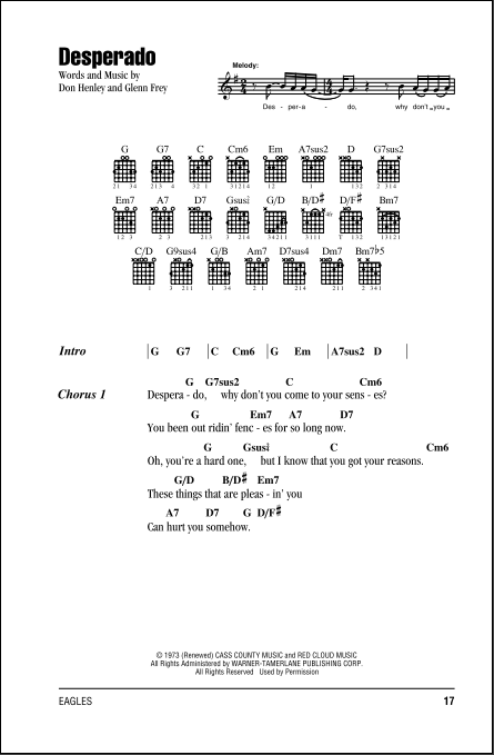 The Eagles Desperado Sheet Music Notes, Chords