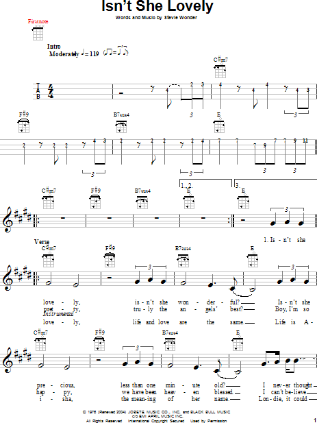 Isn't She Lovely sheet music for ukulele (PDF)