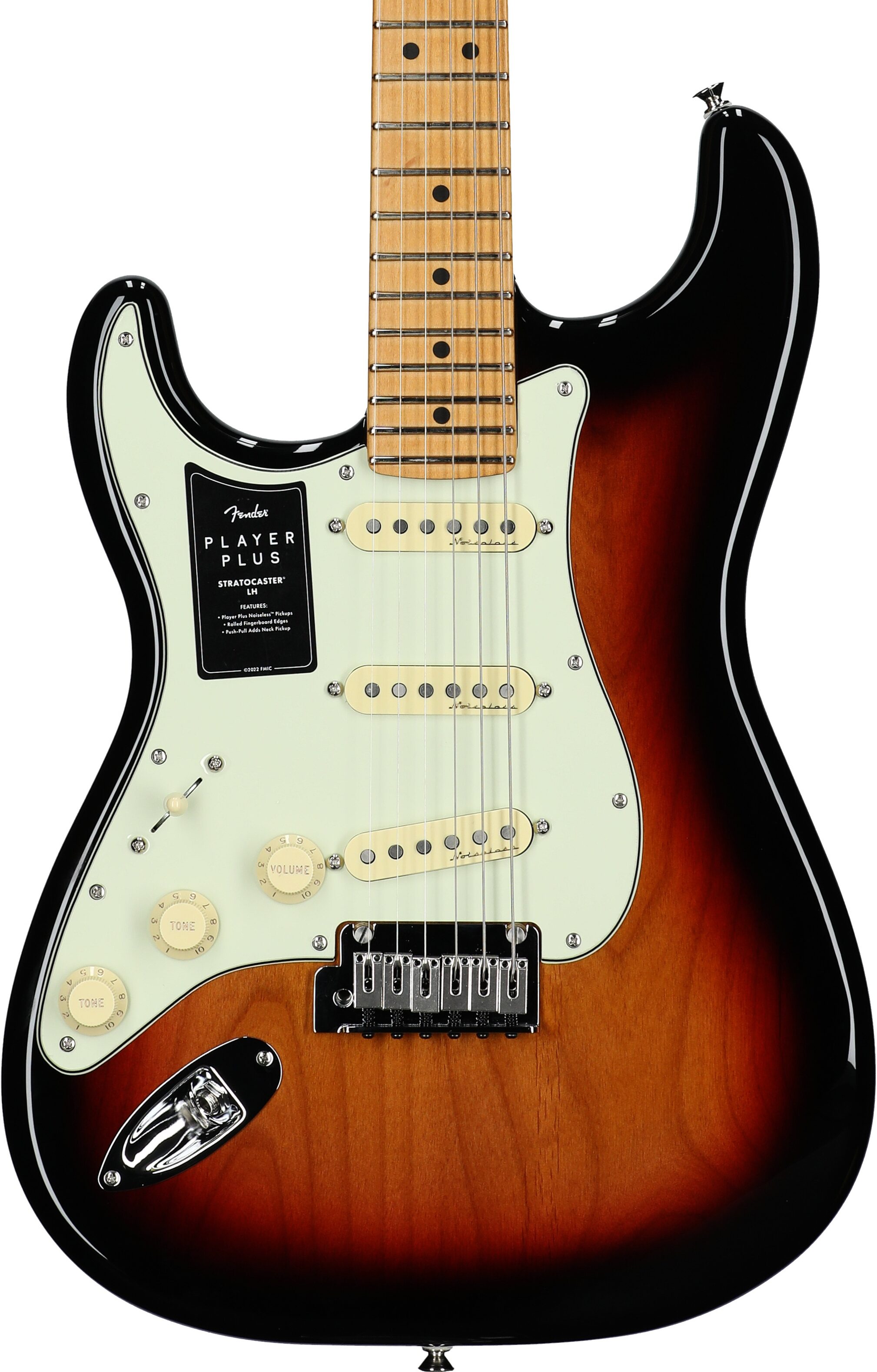Fender Player Plus Stratocaster Electric Guitar, Left Handed (with Gig Bag), 3-Color Sunburst, Body Straight Front