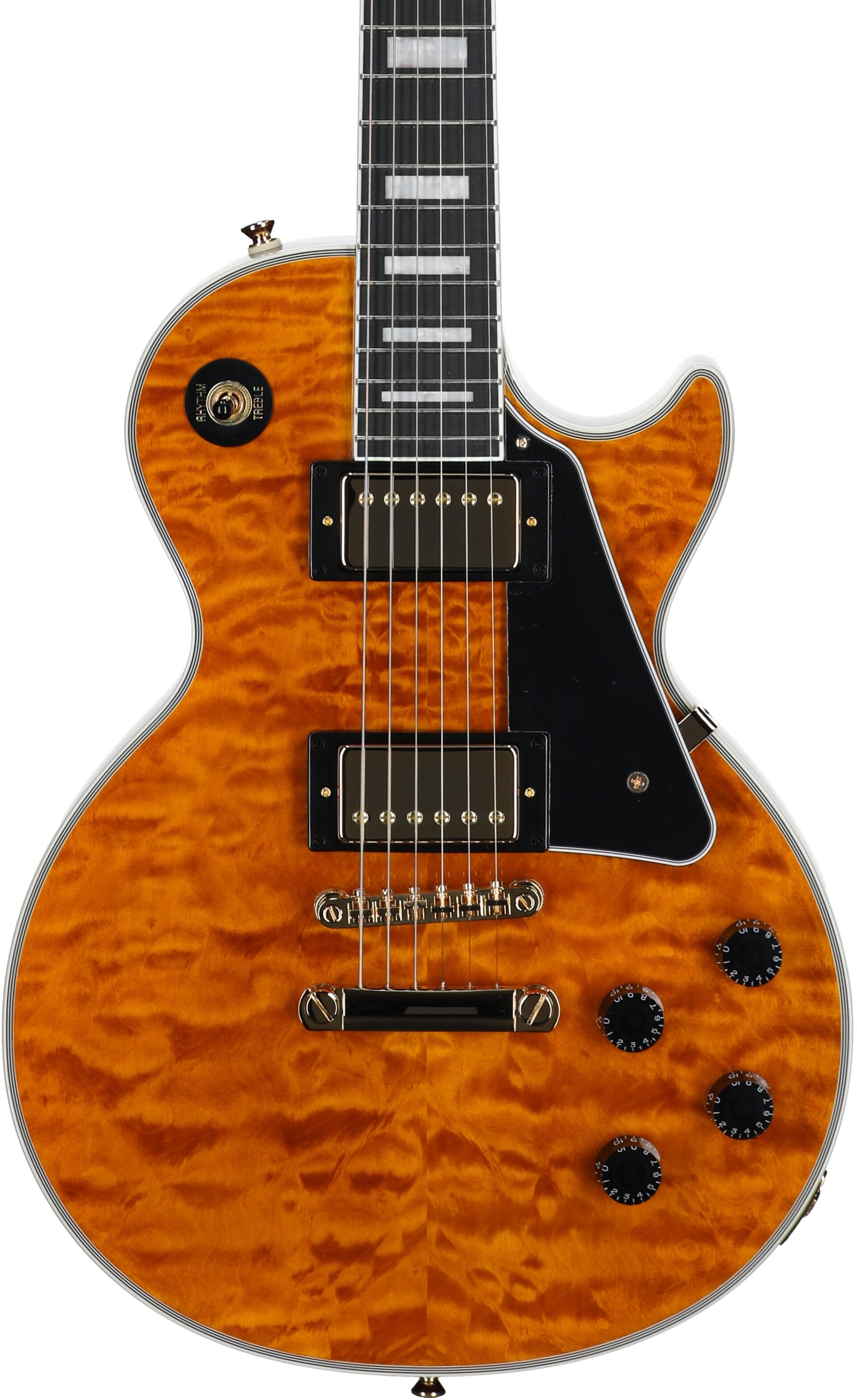 Epiphone Exclusive Les Paul Custom AAA Quilt Top Electric Guitar (with Gig Bag), Transparent Amber, Body Straight Front