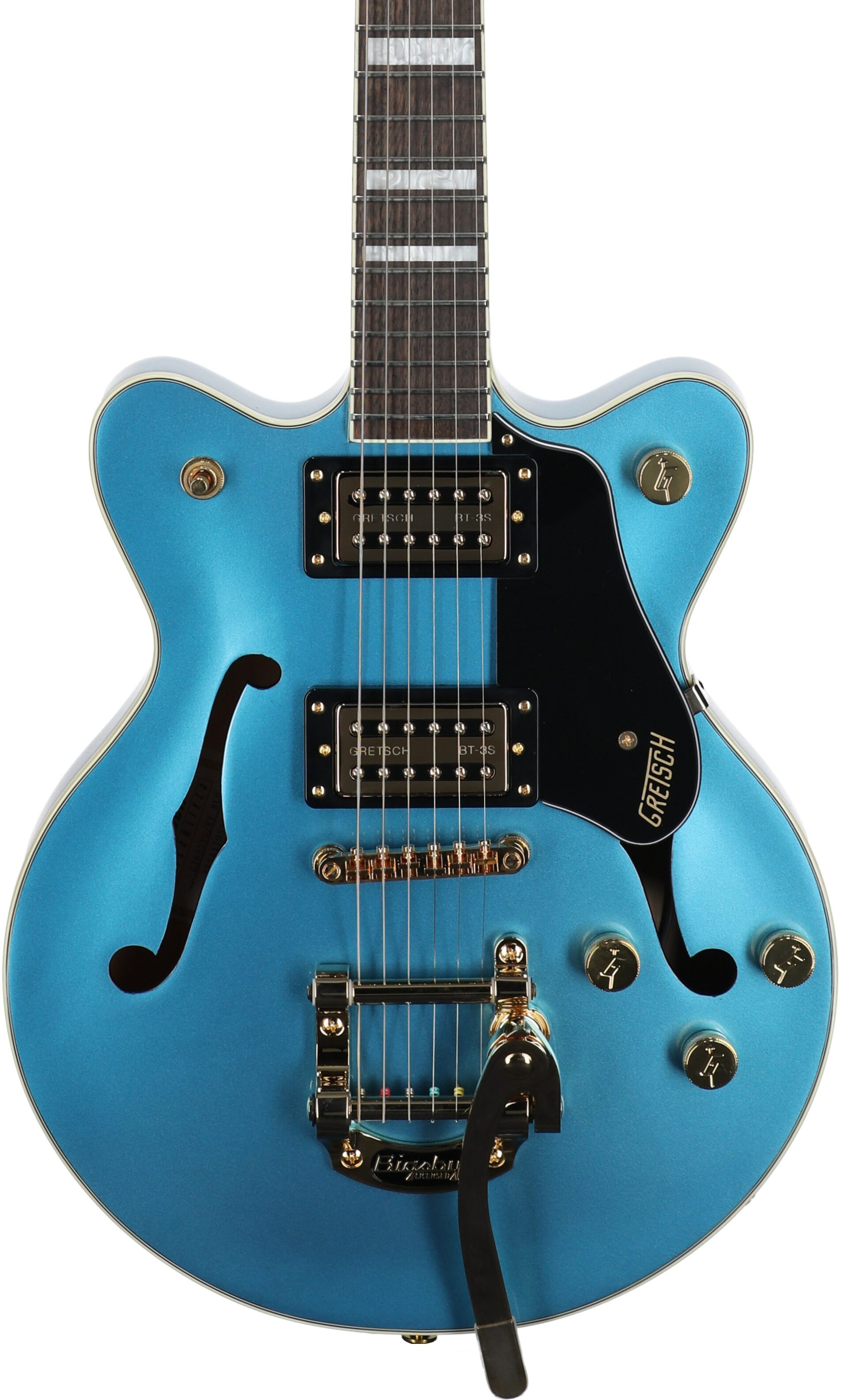 Gretsch G2655T Streamliner Center Block Junior Electric Guitar with Bigsby Tremolo, Riviera Blue, Body Straight Front