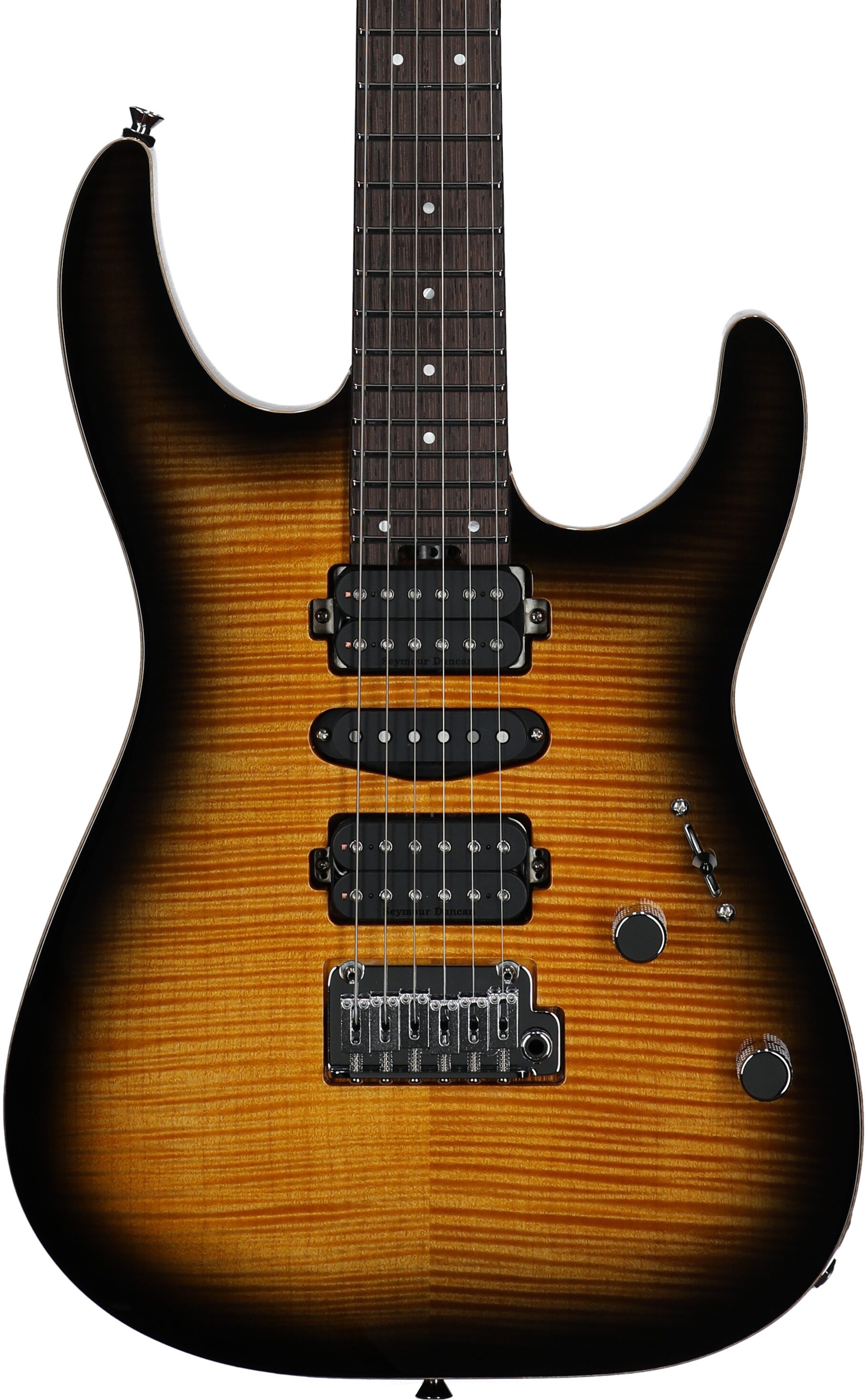 Charvel MJ DK24 HSH 2PT W Mahogany Electric Guitar (with Gig Bag), Flame Maple Antique Burst, Body Straight Front