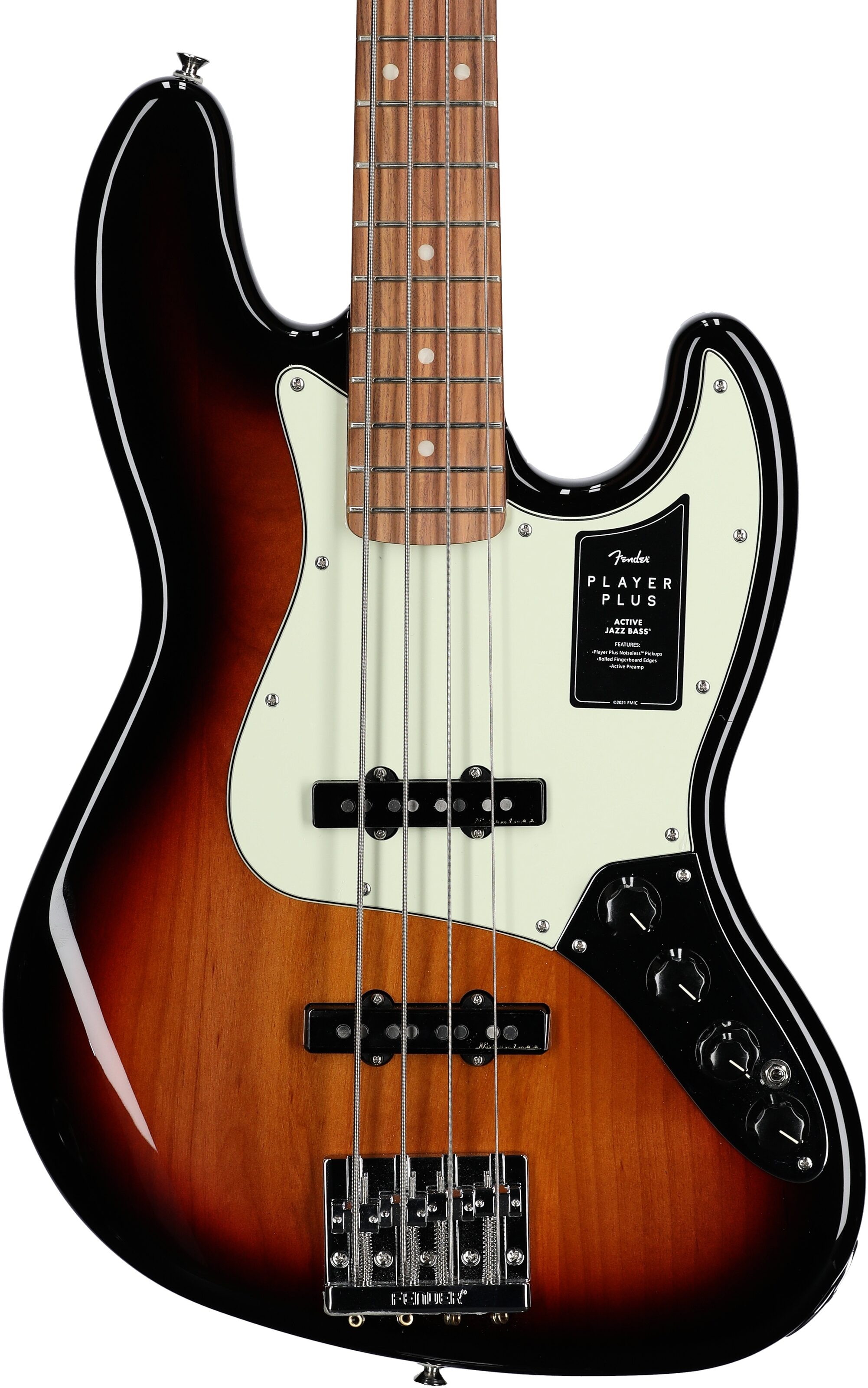Fender Player Plus Jazz Electric Bass, Pau Ferro Fingerboard (with Gig Bag), 3-Color Sunburst, USED, Scratch and Dent, Body Straight Front