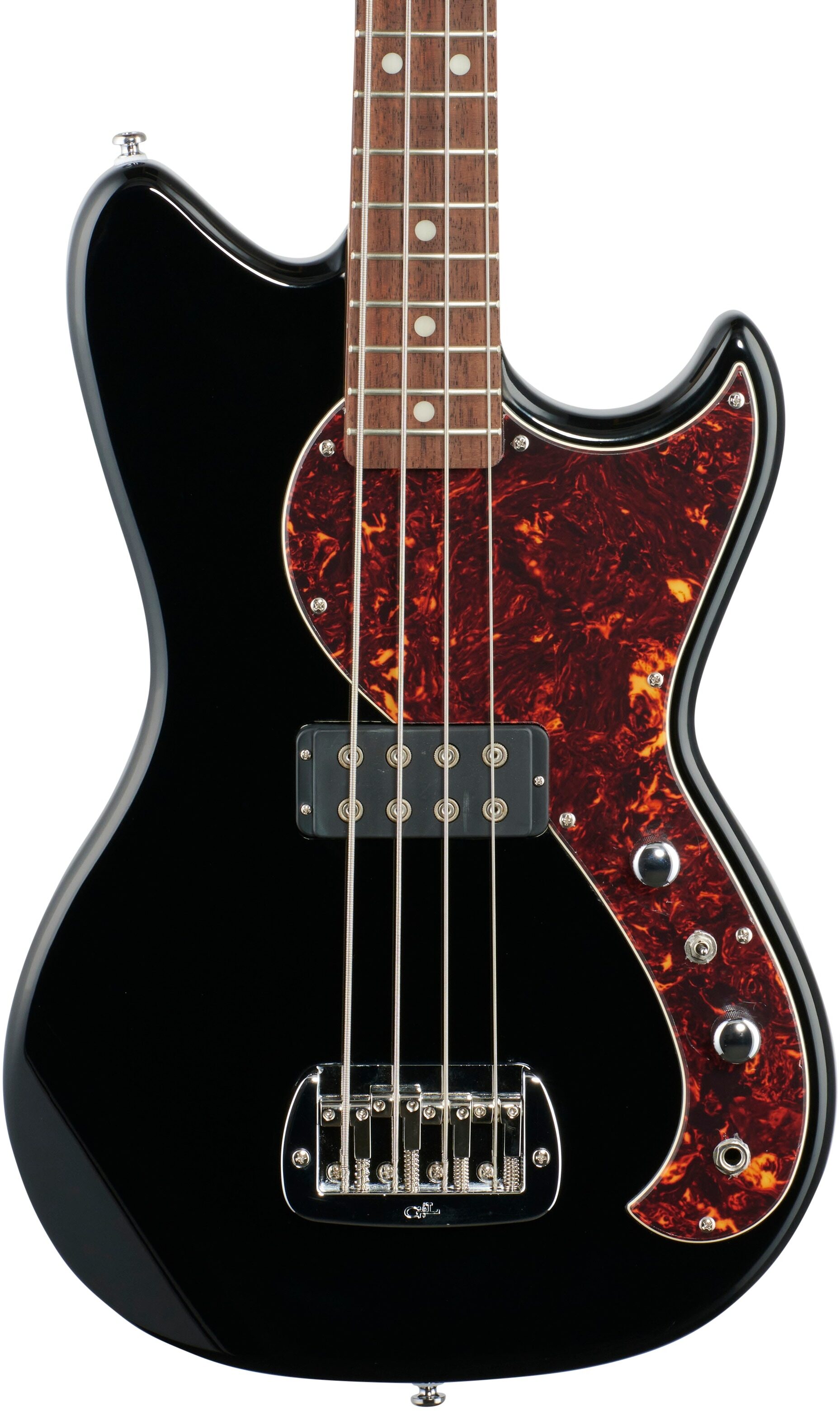 G&L Tribute Fallout Bass Guitar, Brazilian Cherry Fingerboard, Jet Black, Body Straight Front