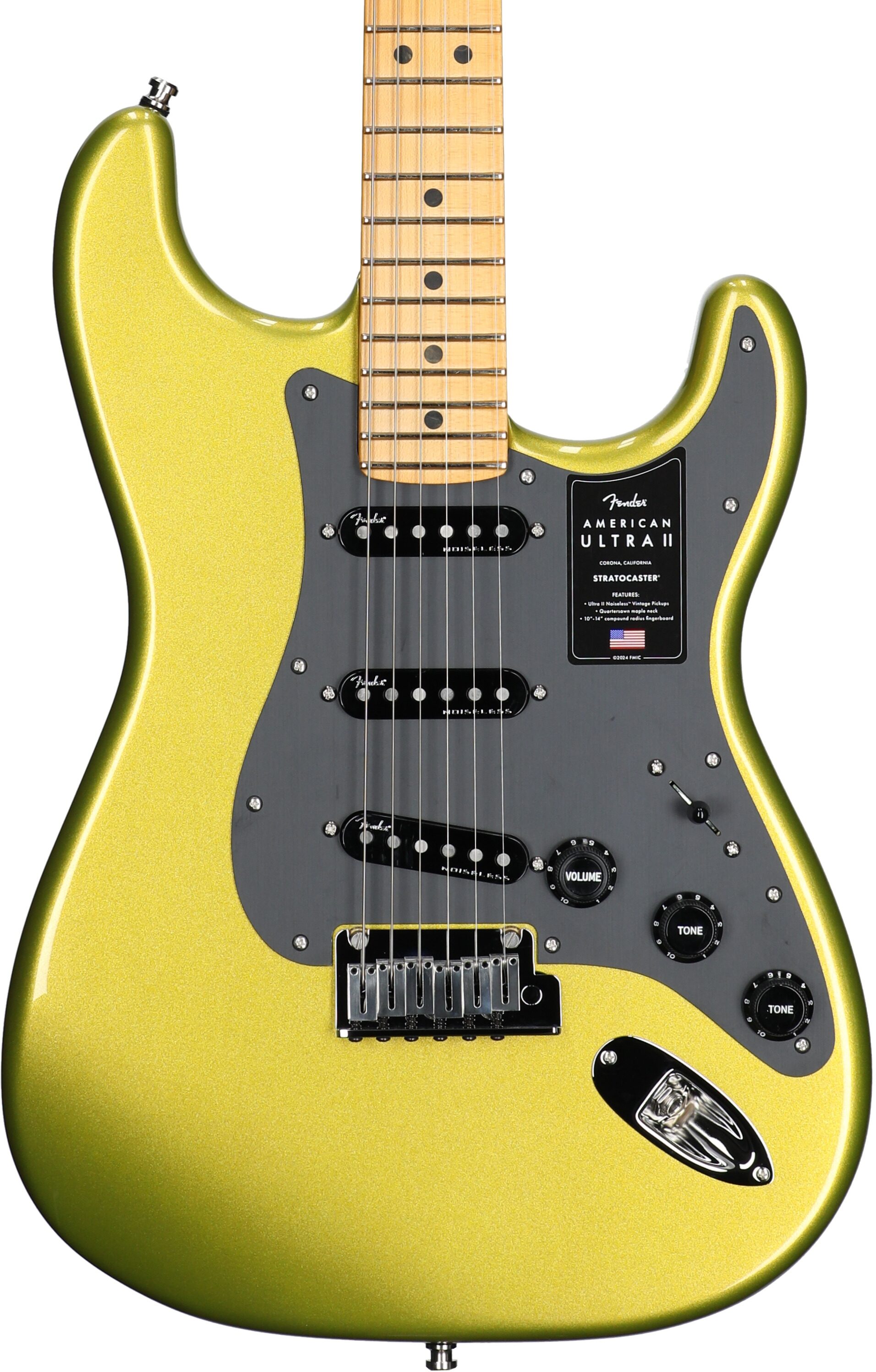 Fender American Ultra II Stratocaster Electric Guitar, Maple Fretboard (with Case), Solar Flare, Body Straight Front