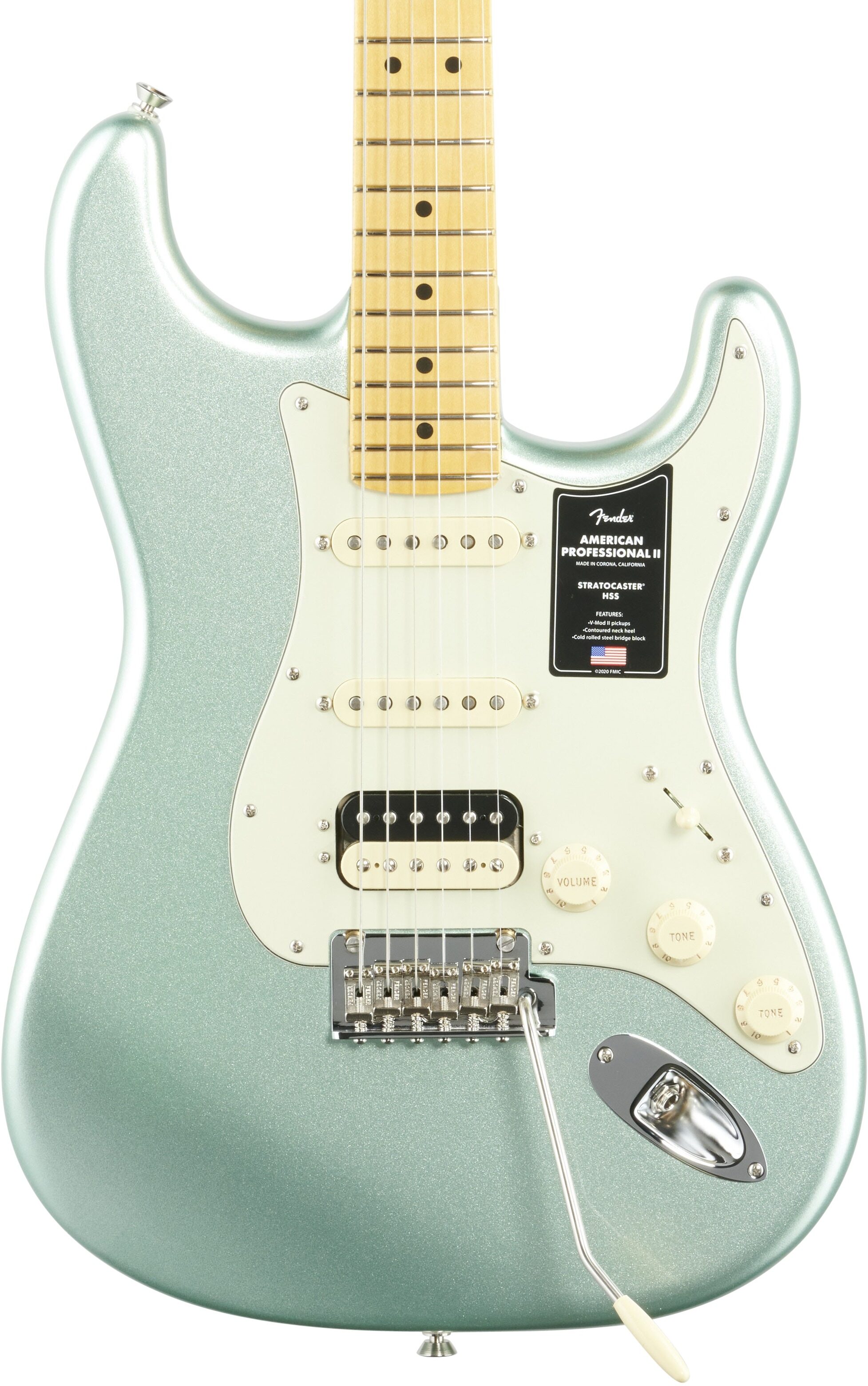 Fender American Pro II HSS Stratocaster Electric Guitar, Maple Fingerboard (with Case), Mystic Surf Green, Body Straight Front