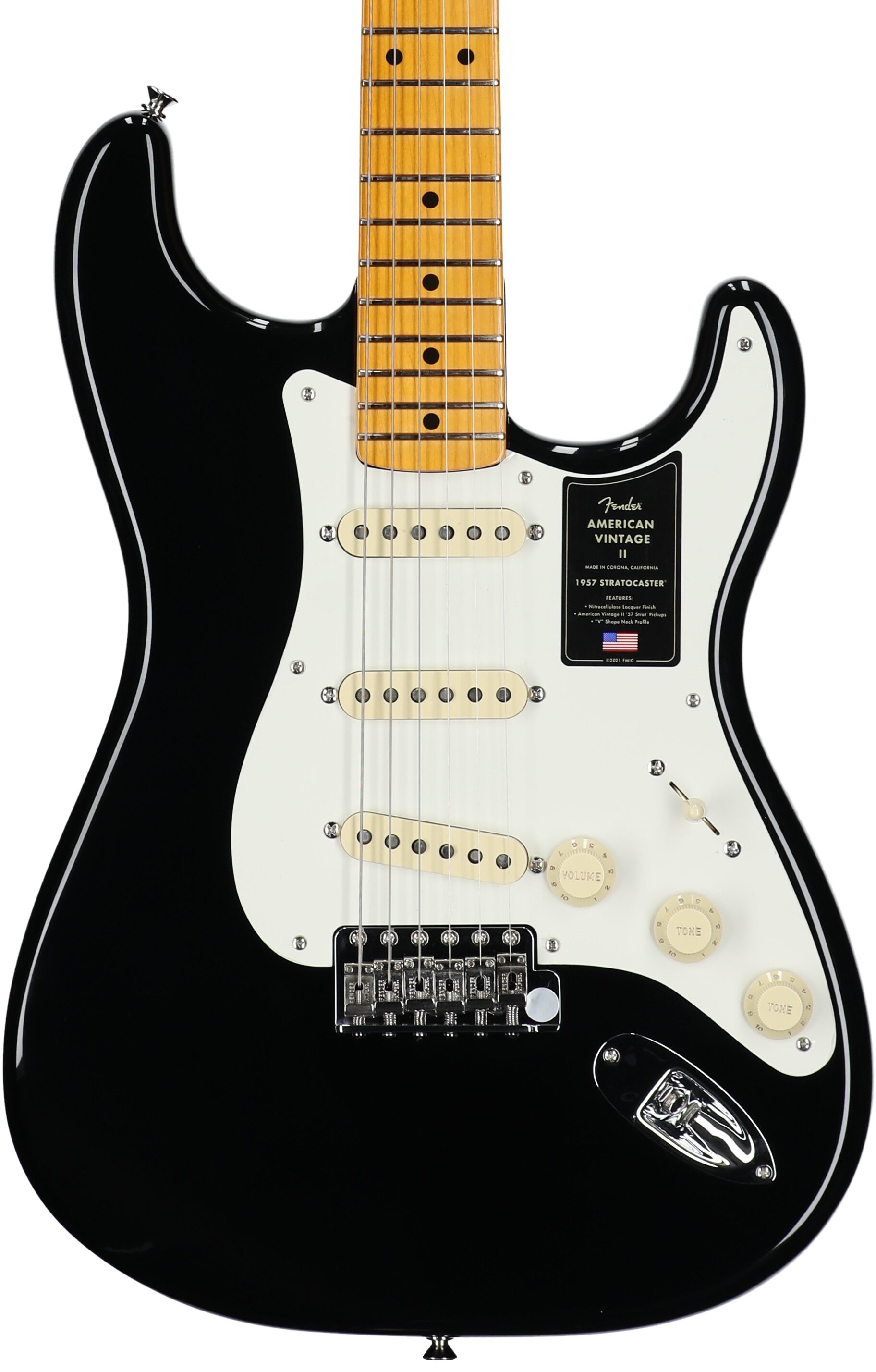 Fender American Vintage II 1957 Stratocaster Electric Guitar, with Maple Fingerboard (and Case), Black, Body Straight Front