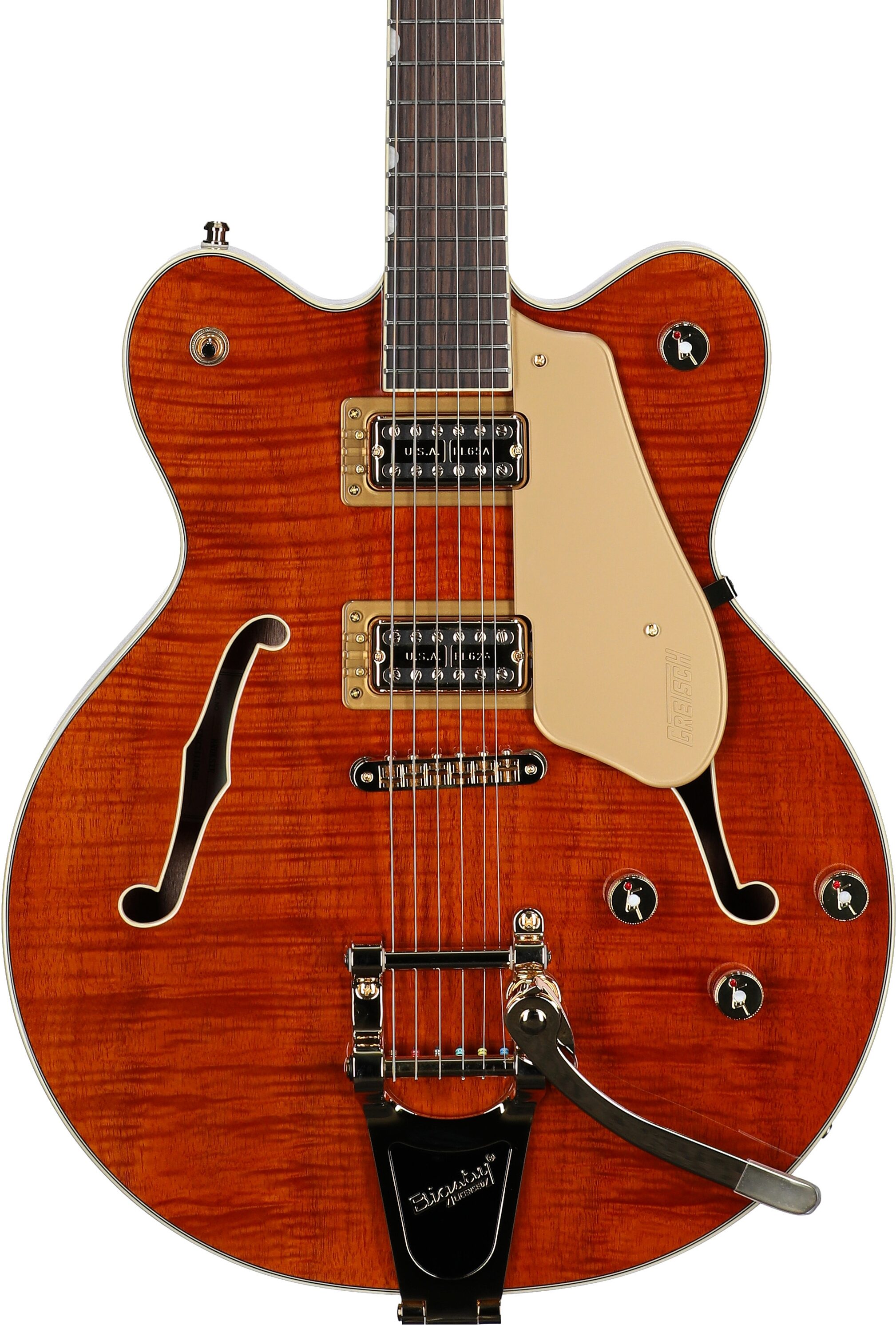 Gretsch Limited Edition Electromatic Broadkaster Electric Guitar (with Case), Flame Okoume Orange, Body Straight Front