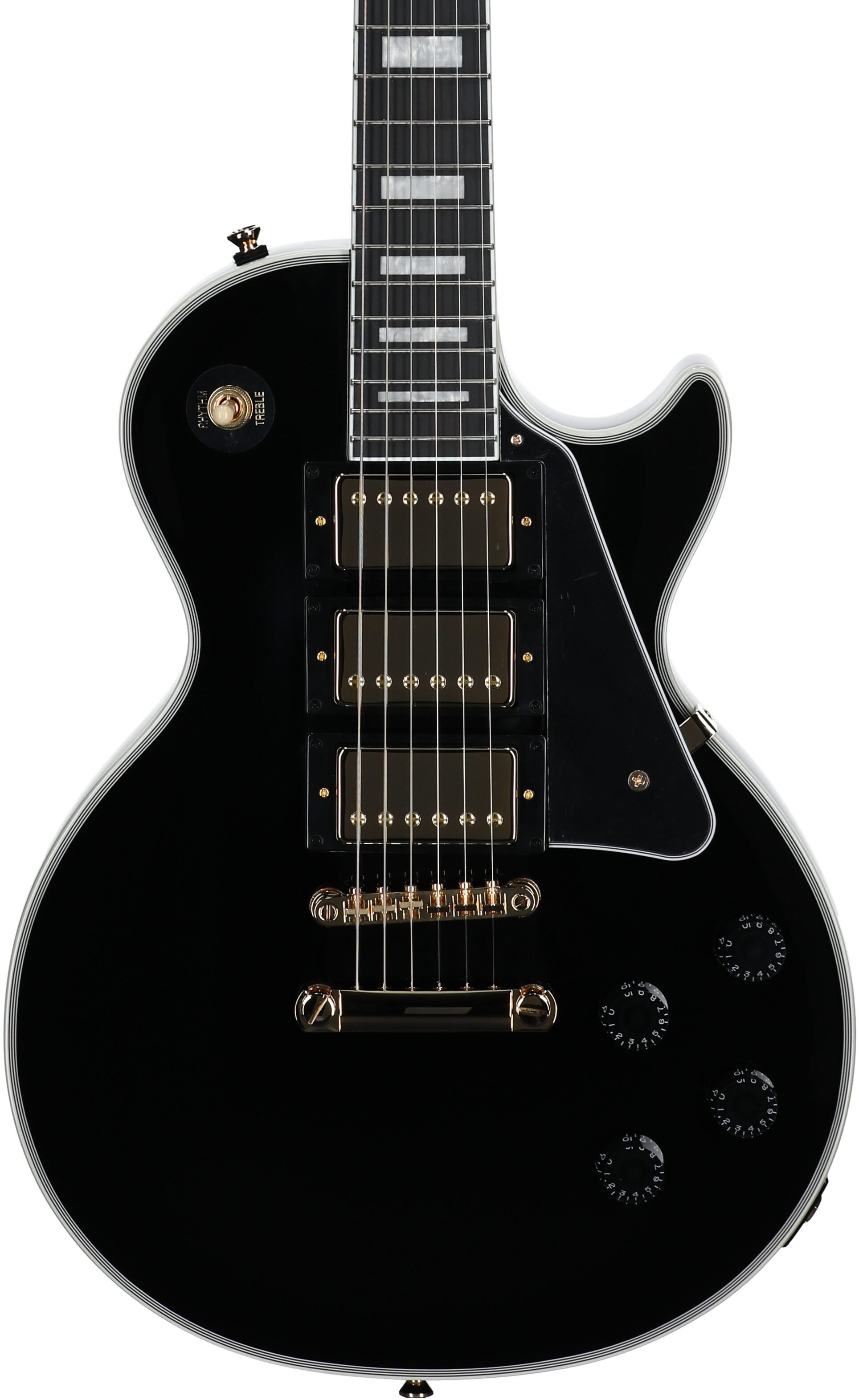 Epiphone Exclusive Les Paul Custom 3-Pickup Electric Guitar (with Soft Case), Ebony, Body Straight Front