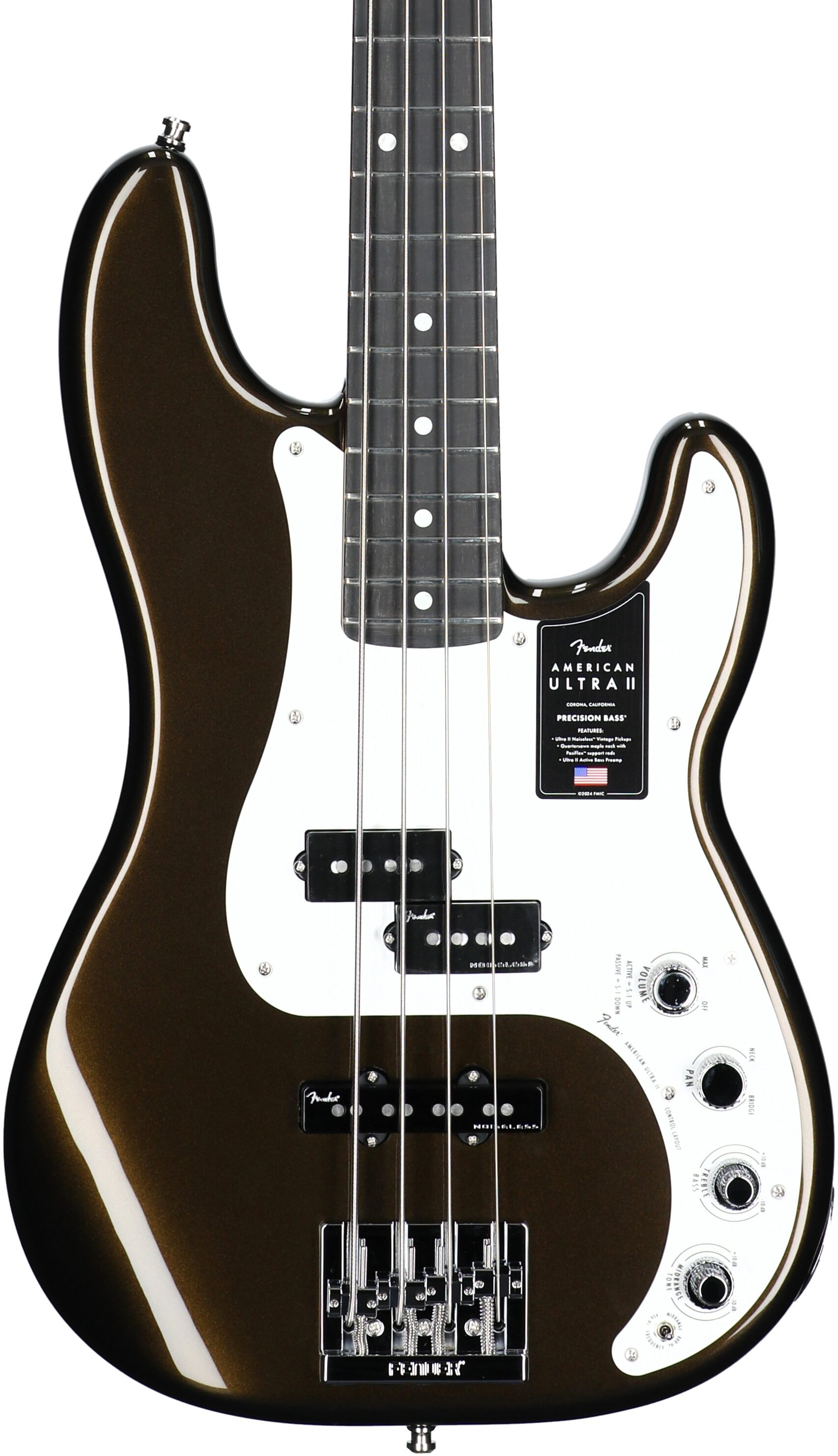 Fender American Ultra II Precision Electric Bass, Ebony Fingerboard (with Case), Texas Tea, Body Straight Front