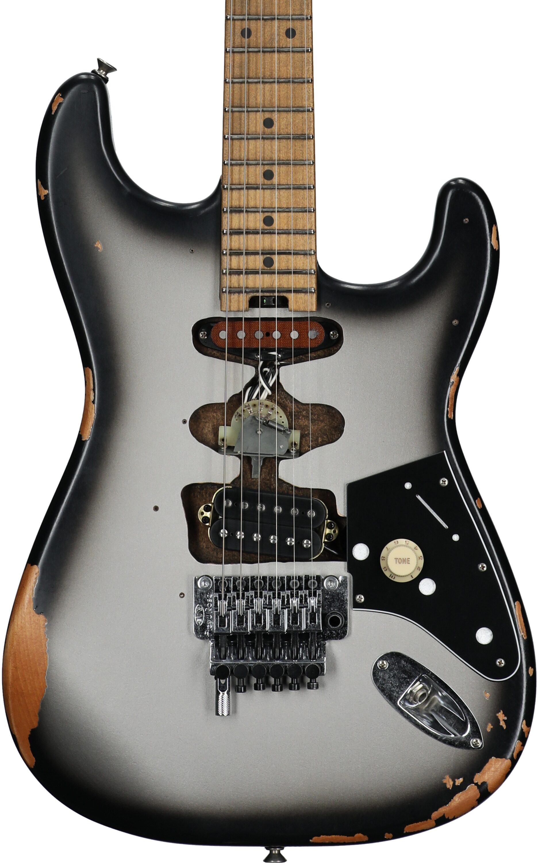 EVH Eddie Van Halen Frankenstein Relic Series Electric Guitar (with Gig Bag), Silverburst, Body Straight Front