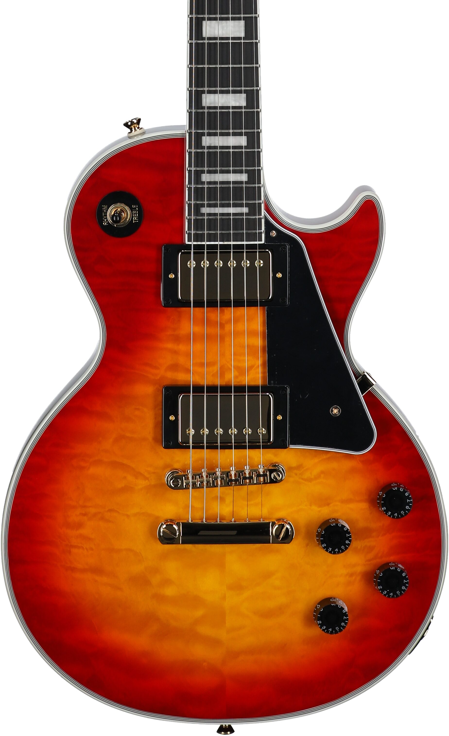 Epiphone Exclusive Les Paul Custom AAA Quilt Top Electric Guitar (with Gig Bag), Heritage Cherry Sunburst, Body Straight Front
