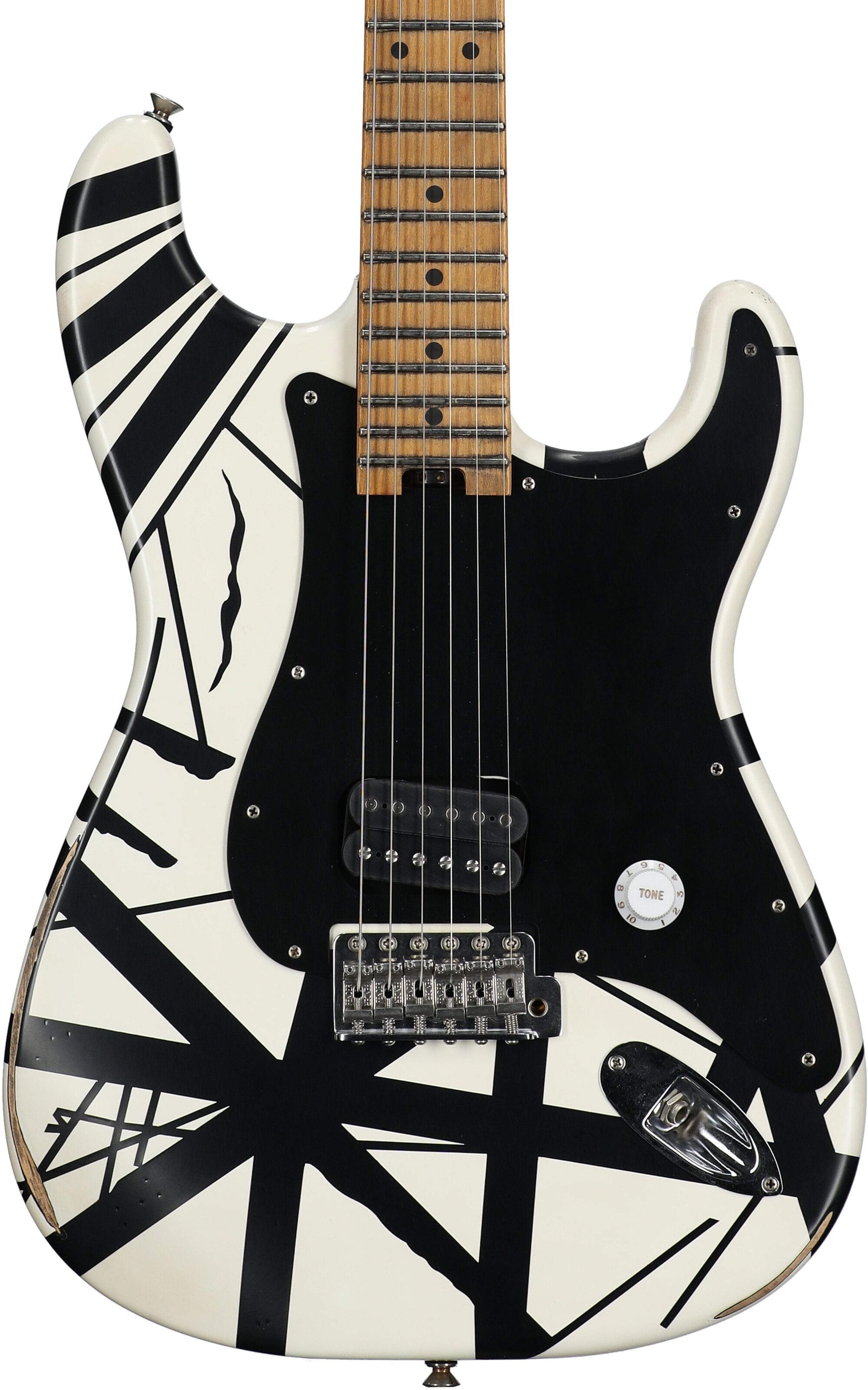EVH Eddie Van Halen Striped '78 Eruption Electric Guitar (with Gig Bag), White and Black, Body Straight Front