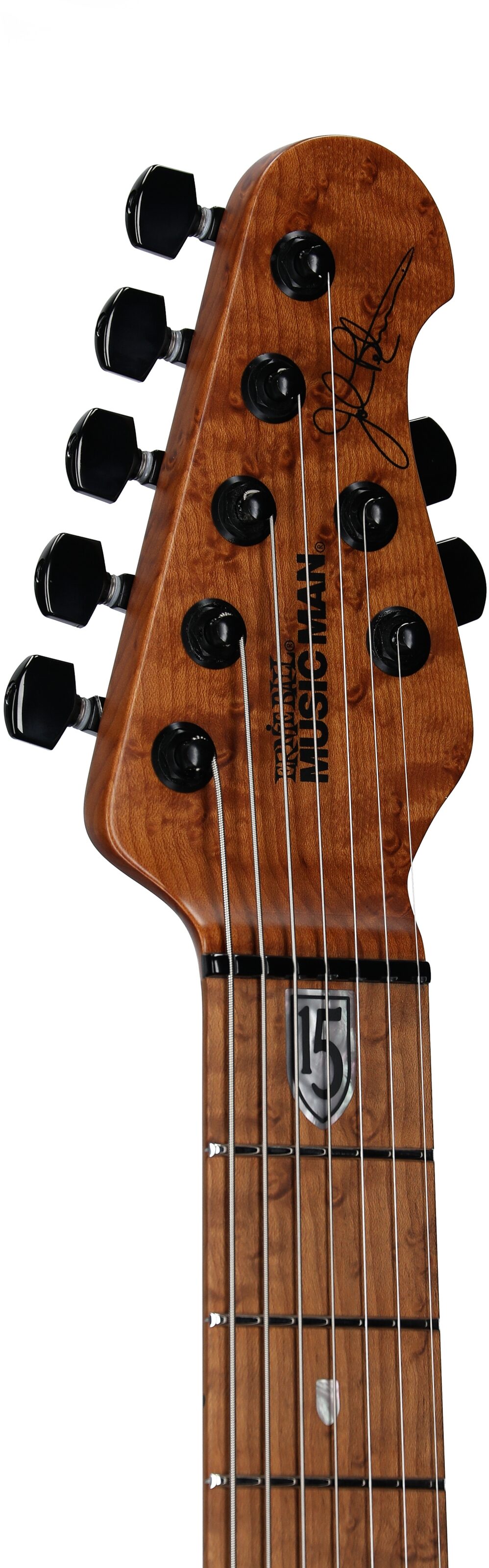 Ernie Ball Music Man Petrucci JP157 Electric Guitar (with Case), Amber Waves Quilt, Serial Number K06490, Headstock Left Front