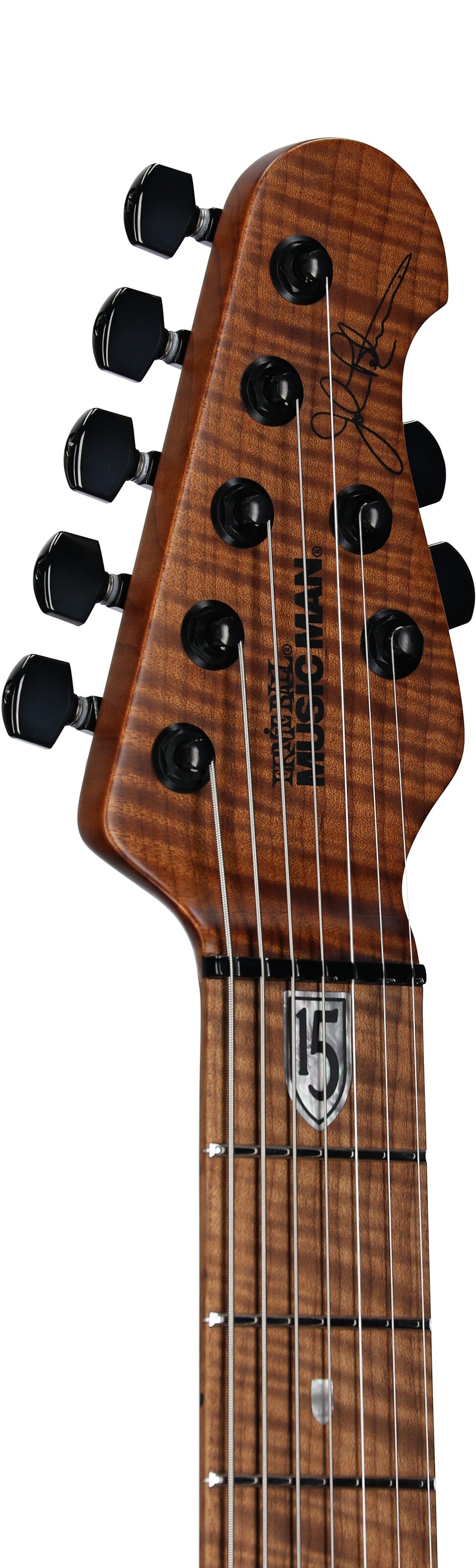 Ernie Ball Music Man John Petrucci JP15 7 Electric Guitar, 7-String (with Case), Tiger Eye Flame, Serial Number K07142, Headstock Left Front