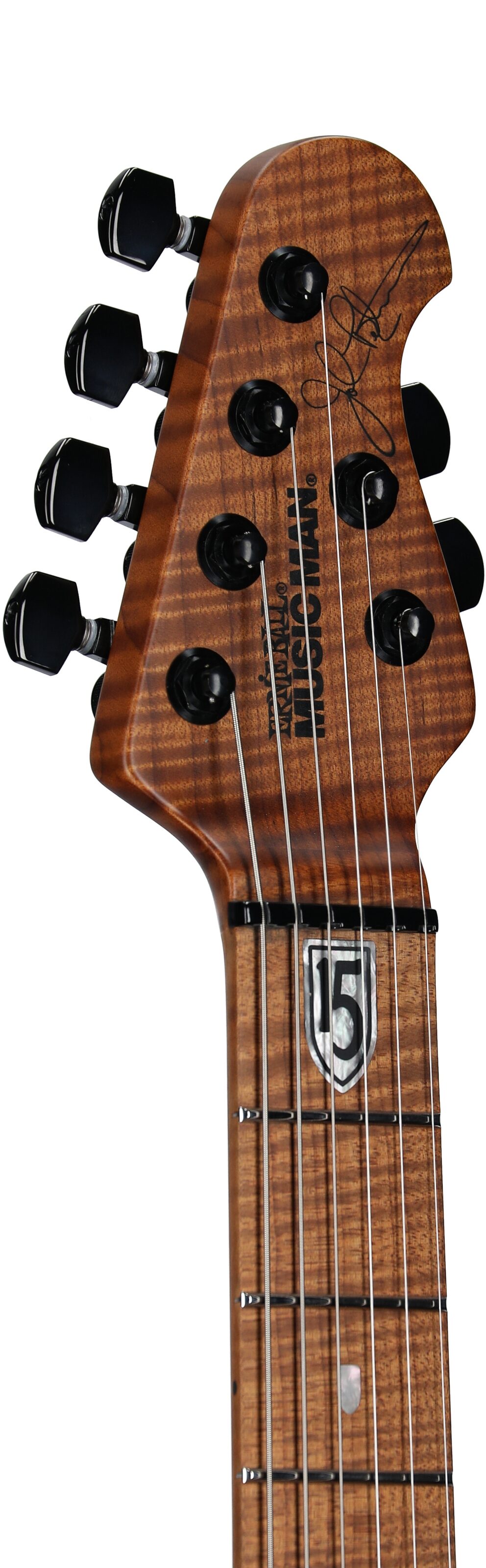 Ernie Ball Music Man John Petrucci JP15 Electric Guitar (with Case), Amber Waves Flame, Serial Number H08478, Headstock Left Front