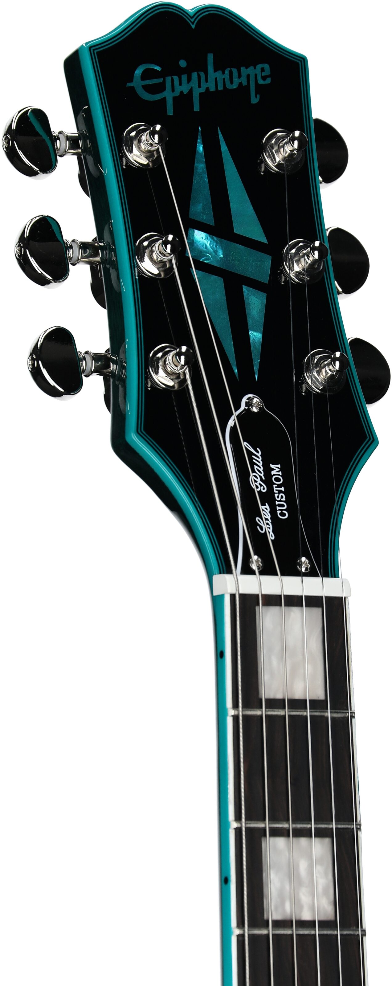 Epiphone Exclusive Inspired by Gibson Les Paul Custom Widow Electric Guitar (with Gig Bag), Peacock Green, Headstock Left Front