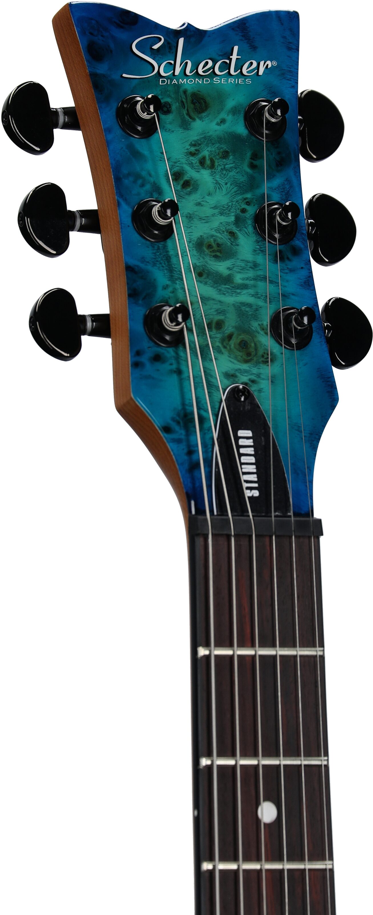 Schecter Solo II Standard Electric Guitar, Ocean Blue Burst Burl, Headstock Left Front
