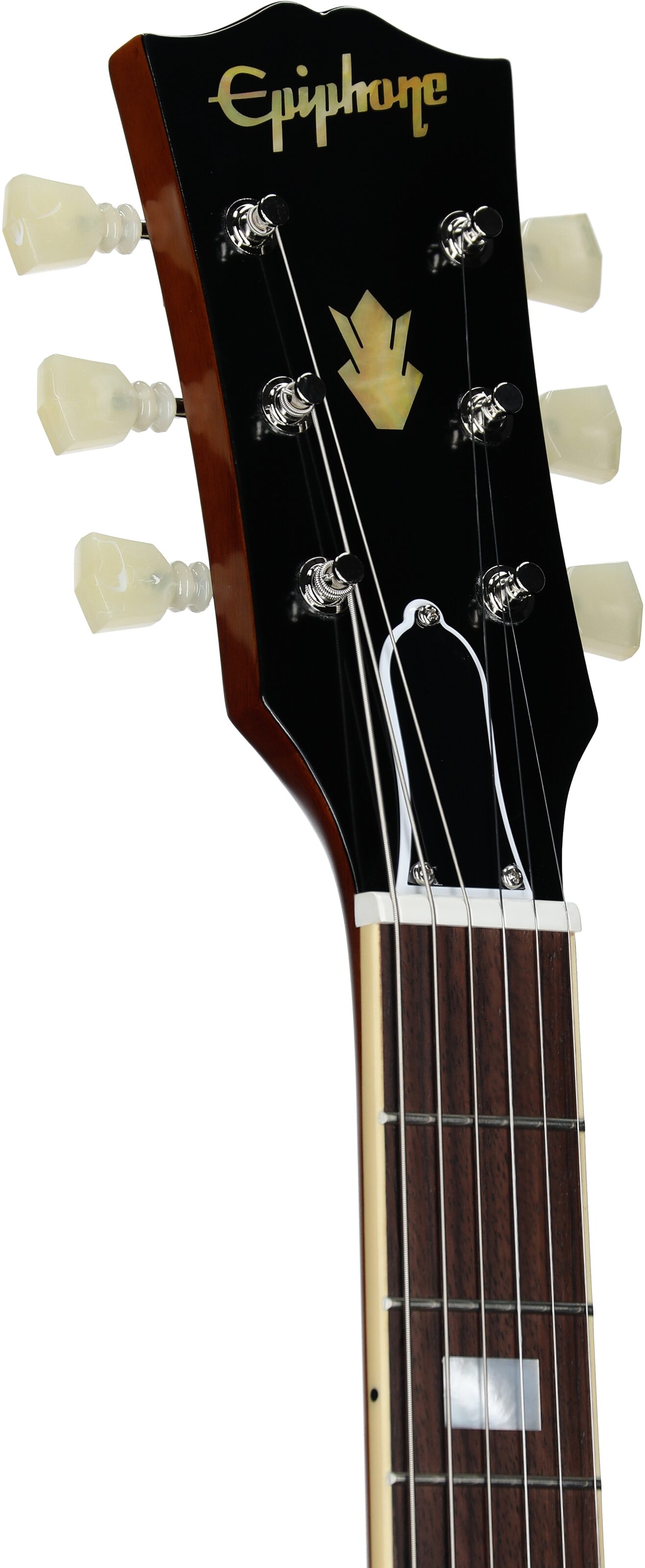 Epiphone Inspired by Gibson Custom 1962 ES-335 Reissue Electric Guitar (with Case), Vintage Burst, Headstock Left Front
