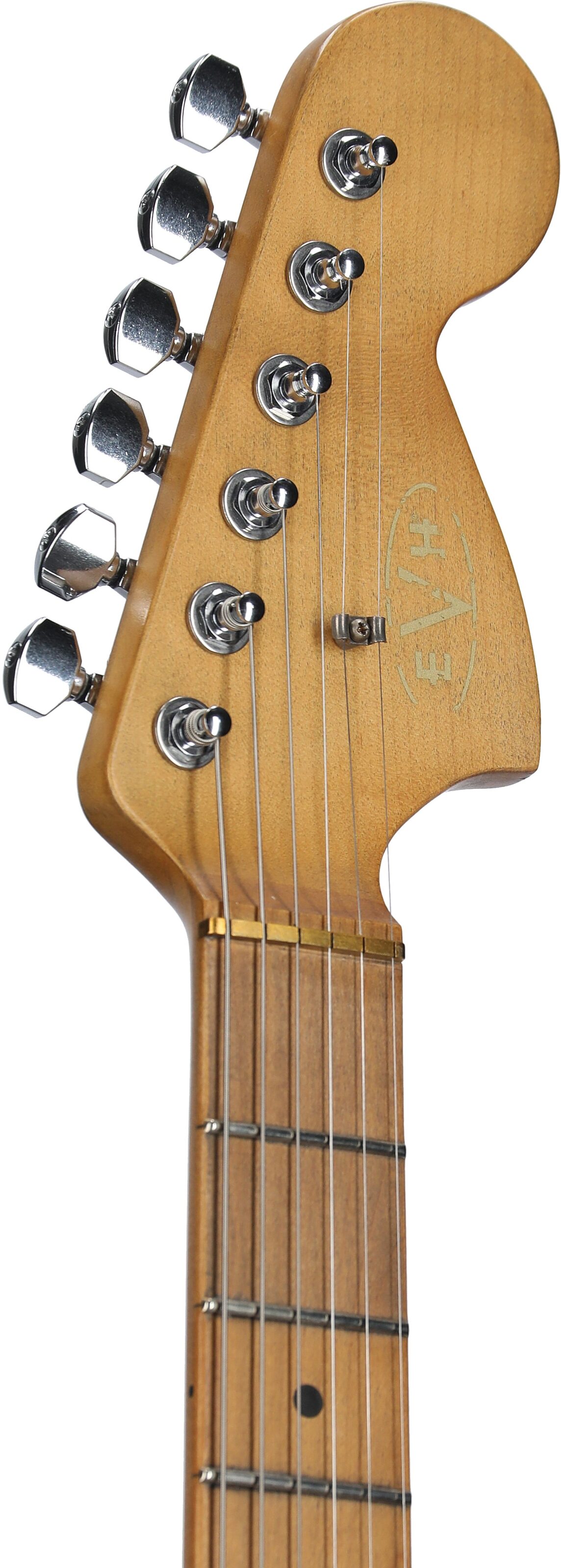 EVH Eddie Van Halen Striped '78 Eruption Electric Guitar (with Gig Bag), White and Black, Headstock Left Front