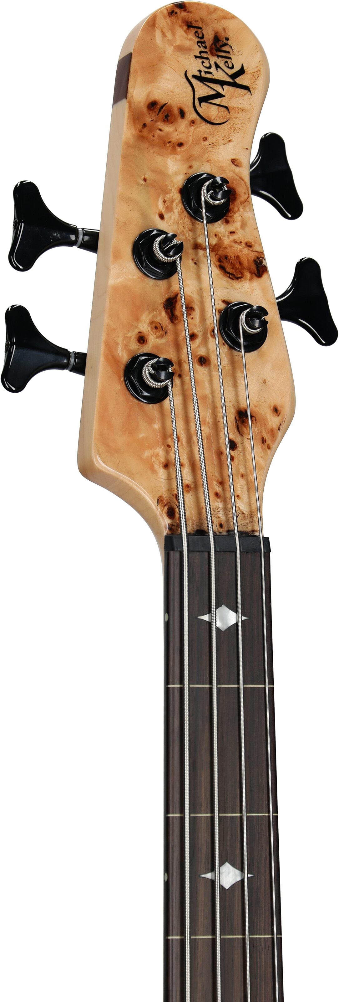 Michael Kelly Pinnacle 4 Electric Bass, Natural Burl, Headstock Left Front