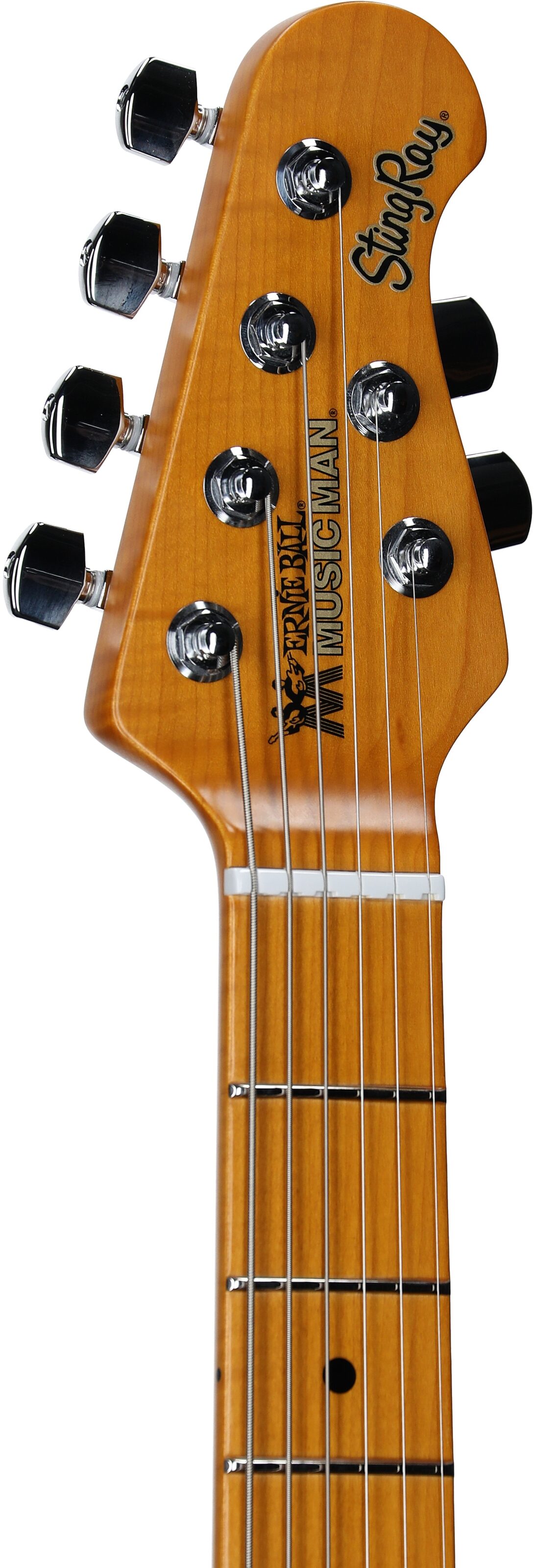 Ernie Ball Music Man Dustin Kensrue StingRay Electric Guitar, Deep Satin Burst, Headstock Left Front