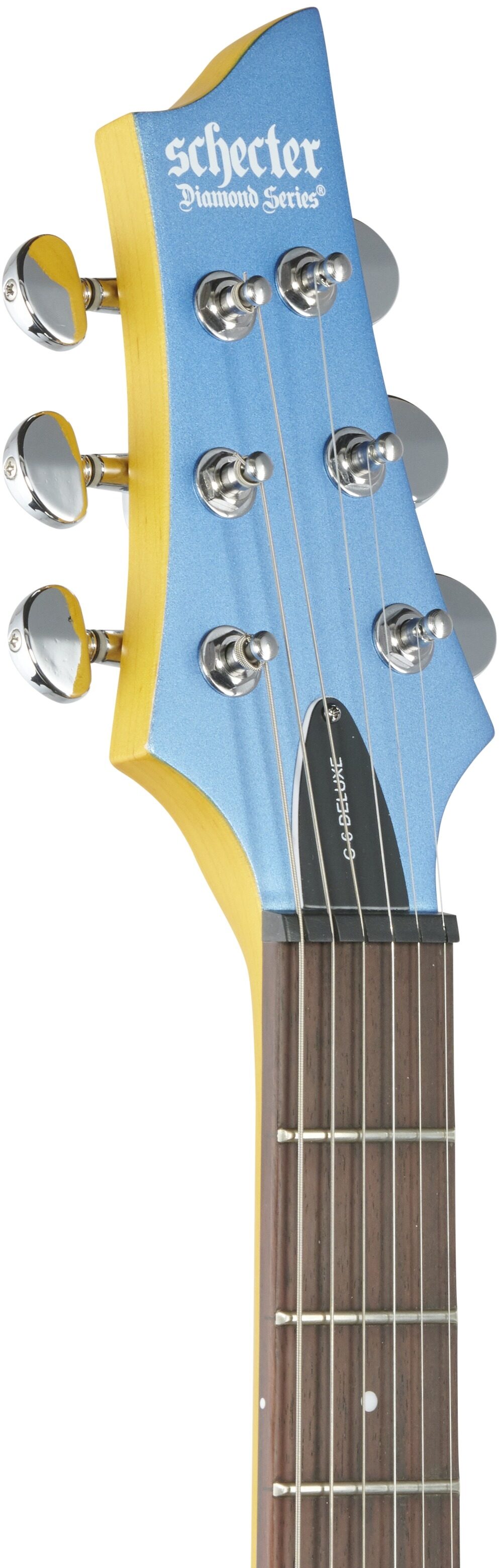 Schecter C-6 Deluxe Electric Guitar, Satin Metallic Light Blue, Headstock Left Front