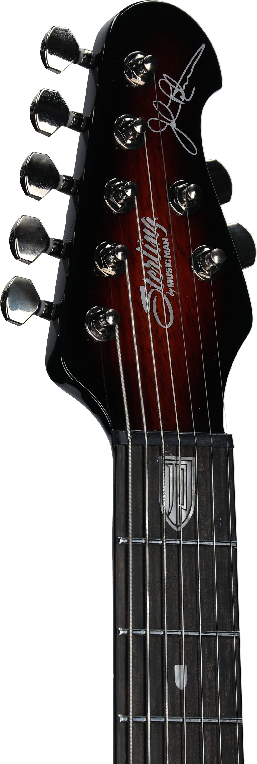 Sterling by Music Man MAJ270XFM Majesty 7 Electric Guitar, 7-String, Tiger Eye, Headstock Left Front