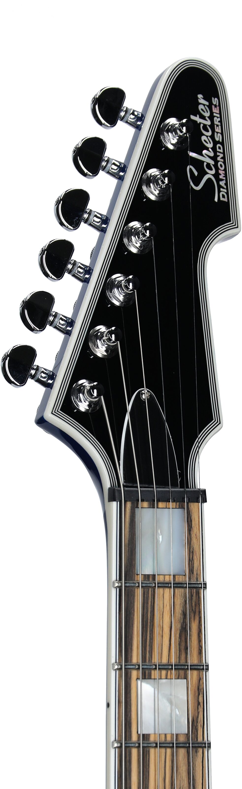 Schecter E-1 Electro-Resin Electric Guitar, Transparent Blue, Headstock Left Front