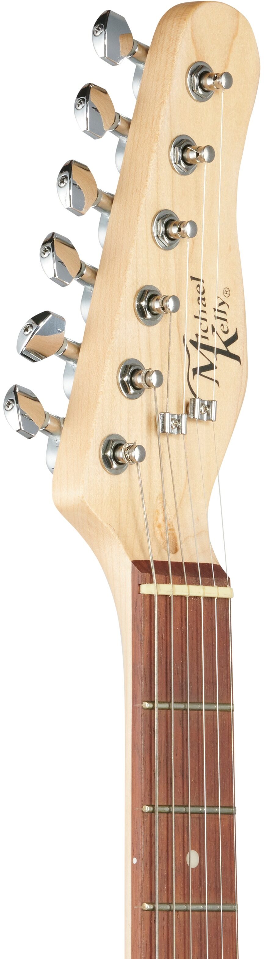 Michael Kelly 59 Thinline Electric Guitar, Natural Top, Spalted Maple, Headstock Left Front