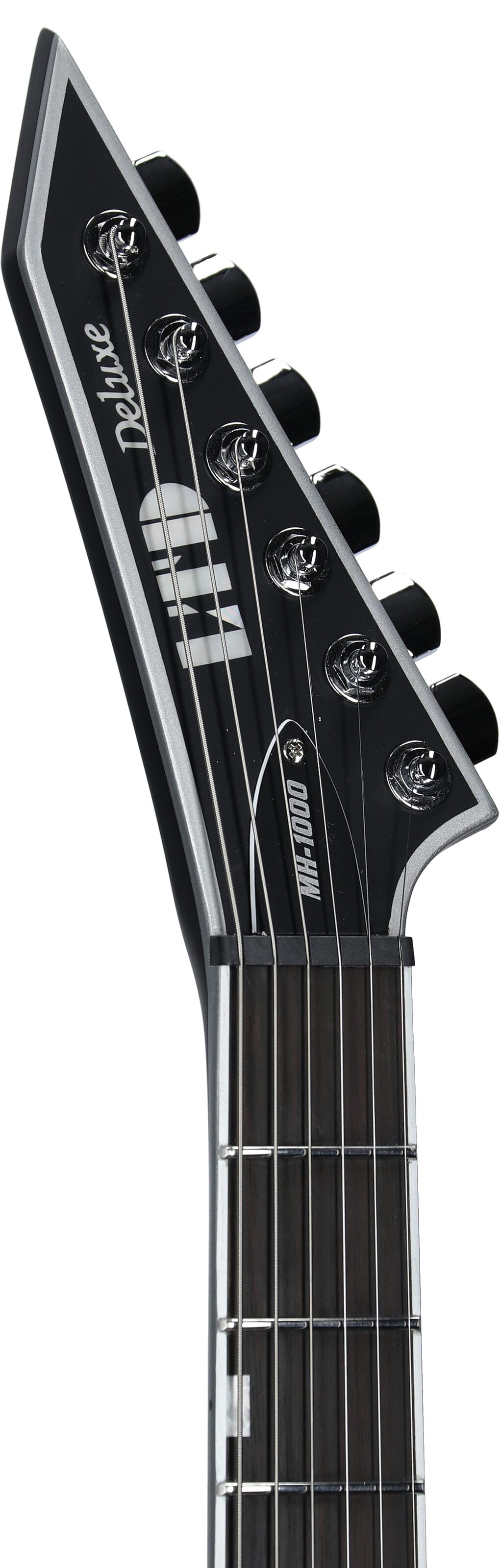 ESP LTD MH-1000NT Bold Binding Electric Guitar, Black Satin, Headstock Left Front