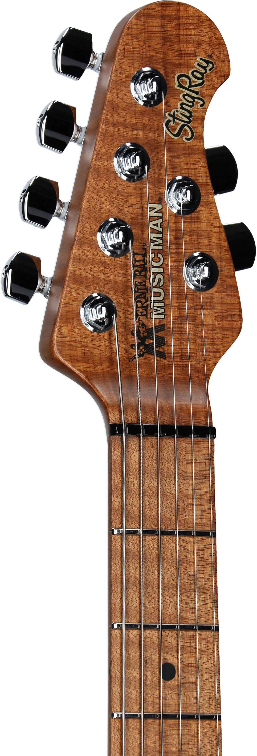 Ernie Ball Music Man StingRay RS Electric Guitar (with Case), Blood Orange, Headstock Left Front