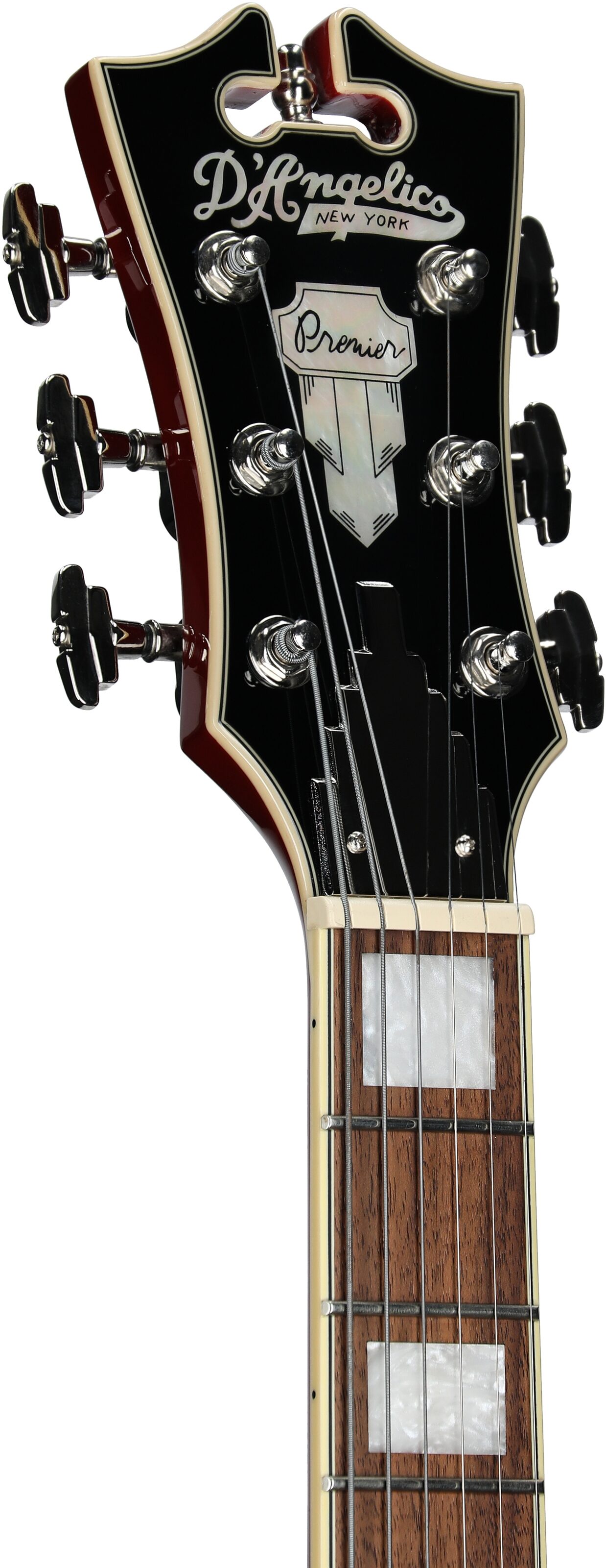 D'Angelico Premier Mini DC Electric Guitar, Burnt Red, Headstock Left Front
