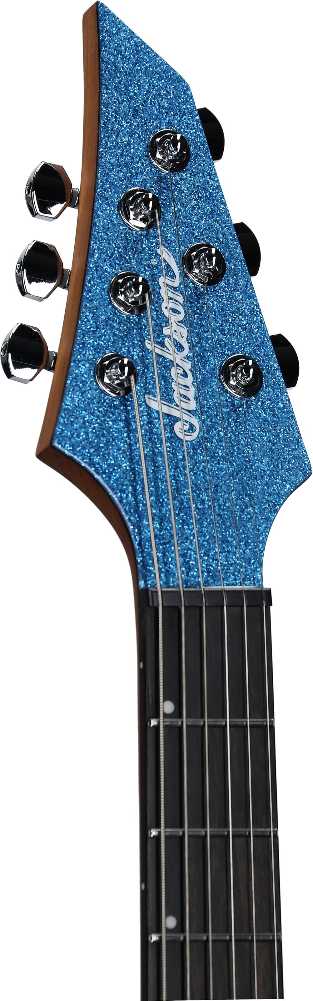 Jackson Pro Series Signature Misha Mansoor Juggernaut HT6 Electric Guitar, Caramelized Maple Fingerboard, Blue Sparkle, Headstock Left Front