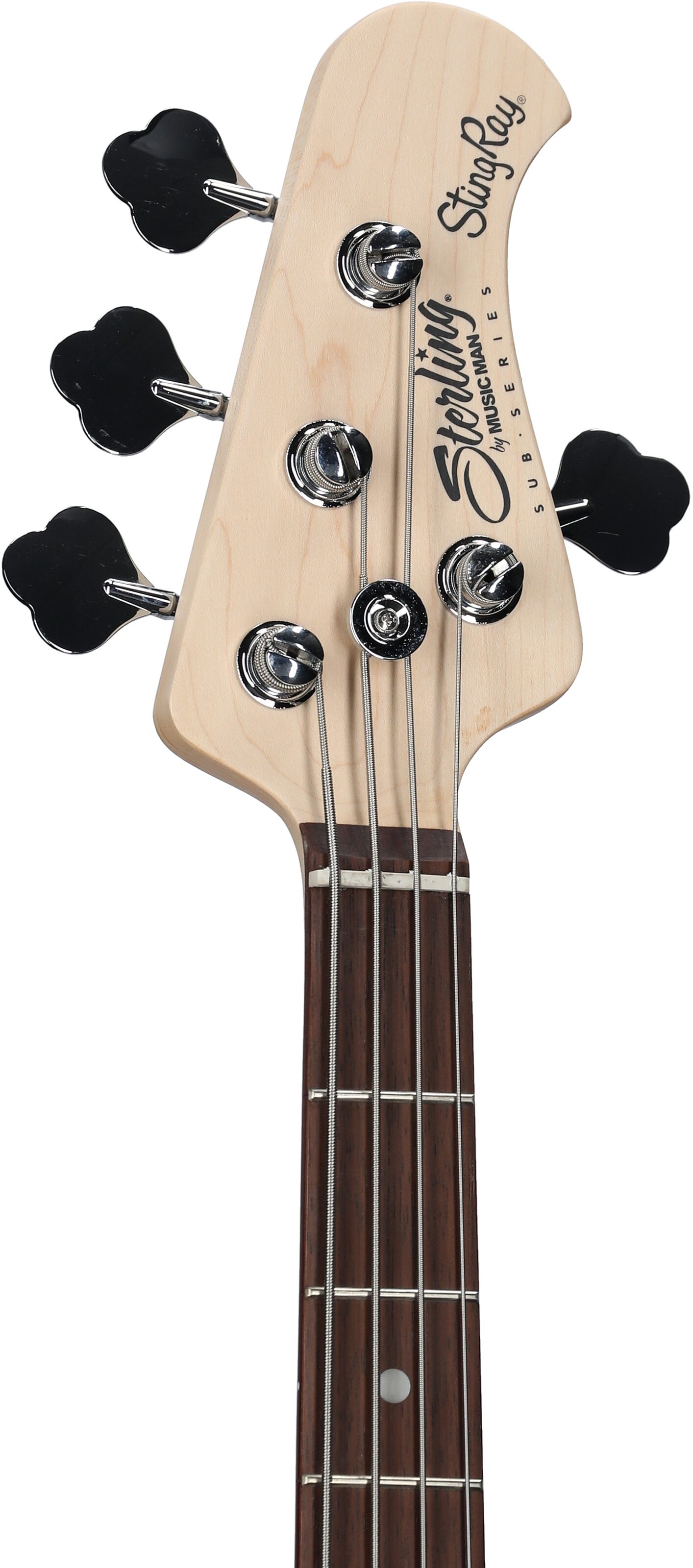 Sterling by Music Man StingRay Electric Bass, Transparent Blue Satin, Scratch and Dent, Headstock Left Front