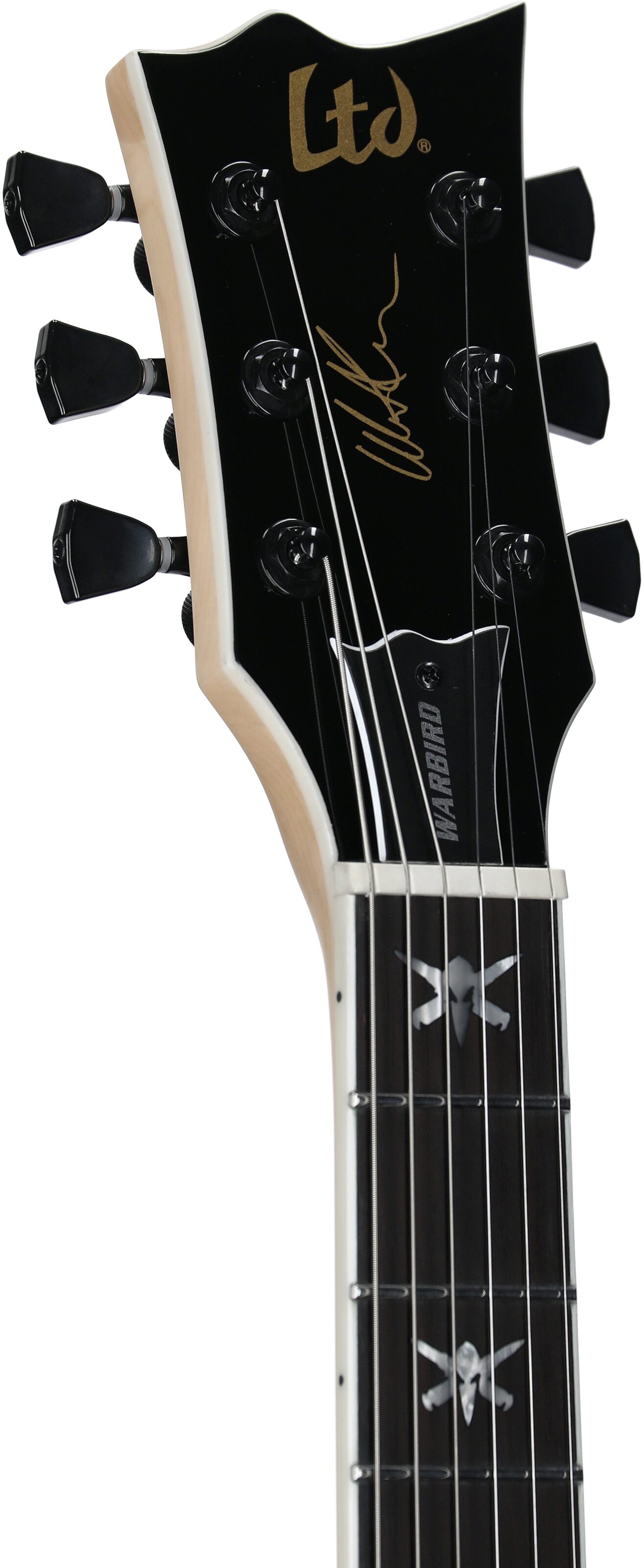 ESP LTD Will Adler Warbird Electric Guitar, Black and Gold, Headstock Left Front