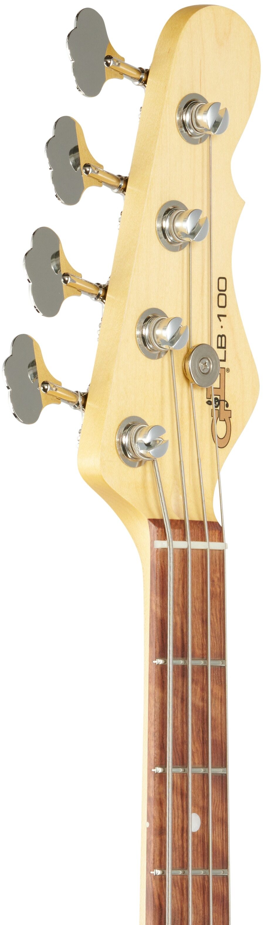 G&L Fullerton Deluxe LB-100 Bass Guitar (with Gig Bag), Fullerton Red, Headstock Left Front