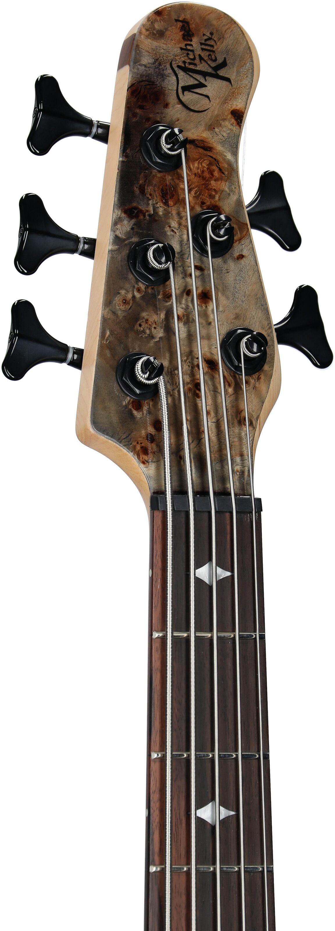 Michael Kelly Pinnacle 5 Custom Electric Bass Guitar, 5-String, Grey Burl, Headstock Left Front