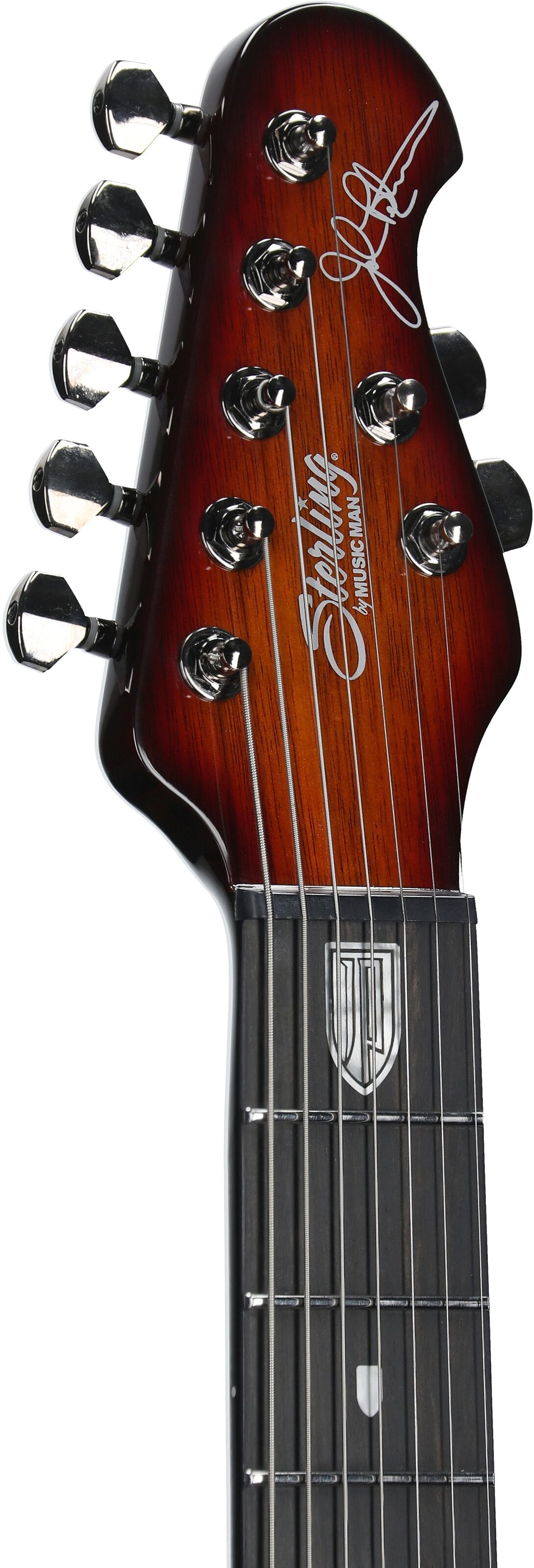 Sterling by Music Man MAJ270XFM Majesty 7 Electric Guitar, 7-String, Blood Orange Burst, Headstock Left Front