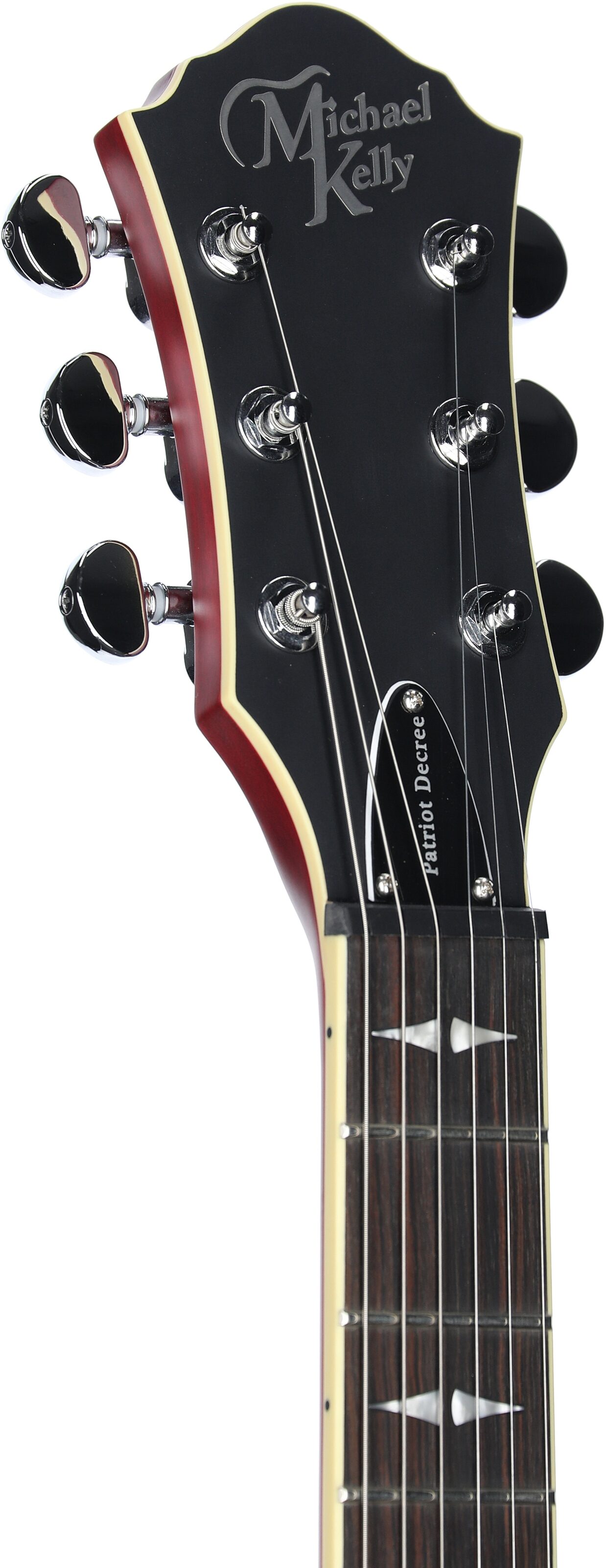 Michael Kelly Patriot Decree SB Slim Body Open Pore Electric Guitar, Transparent Red, Headstock Left Front