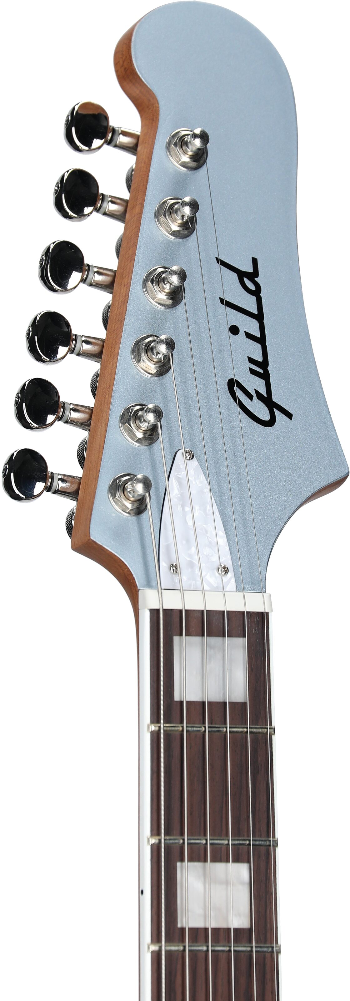 Guild Surfliner Deluxe Electric Guitar, Glacier Blue Metallic, Headstock Left Front