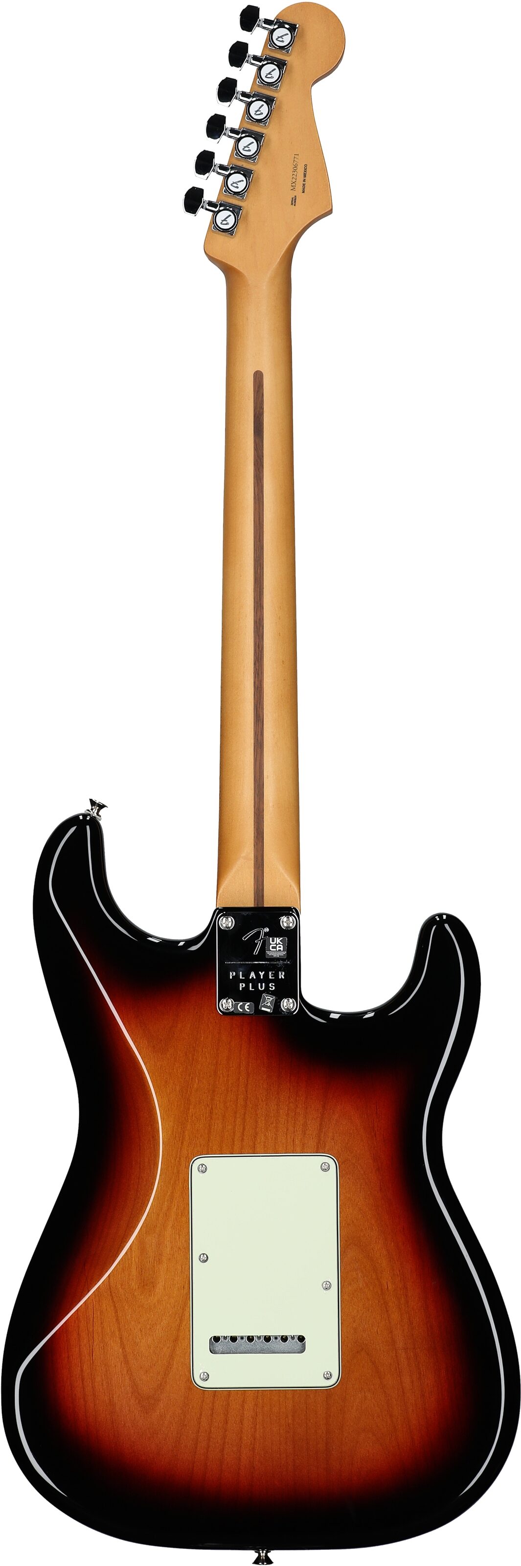 Fender Player Plus Stratocaster Electric Guitar, Left Handed (with Gig Bag), 3-Color Sunburst, Full Straight Back